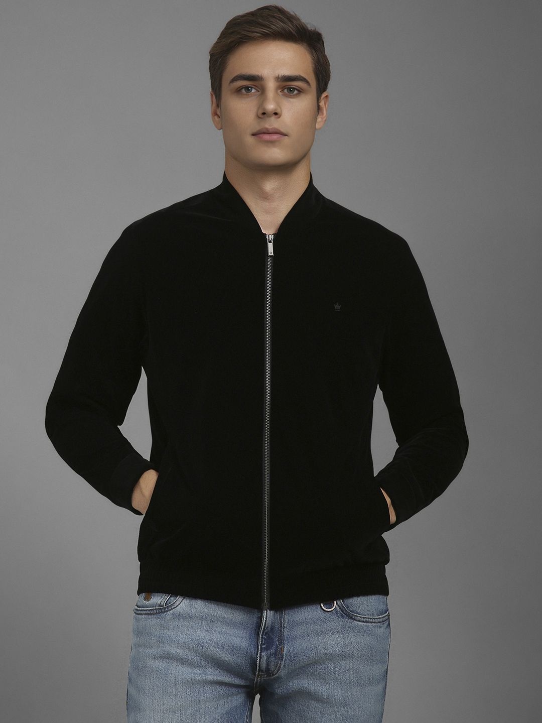 

Louis Philippe Men Stand Collar Solid Casual Bomber Jacket, Black
