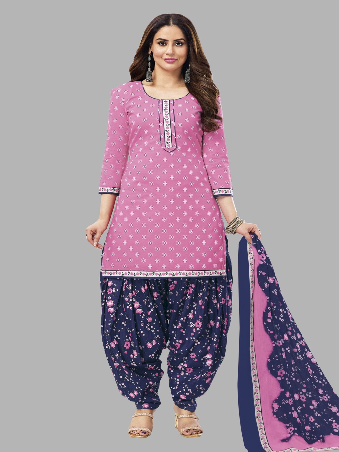 

shree jeenmata collection Printed Pure Cotton Unstitched Dress Material, Pink