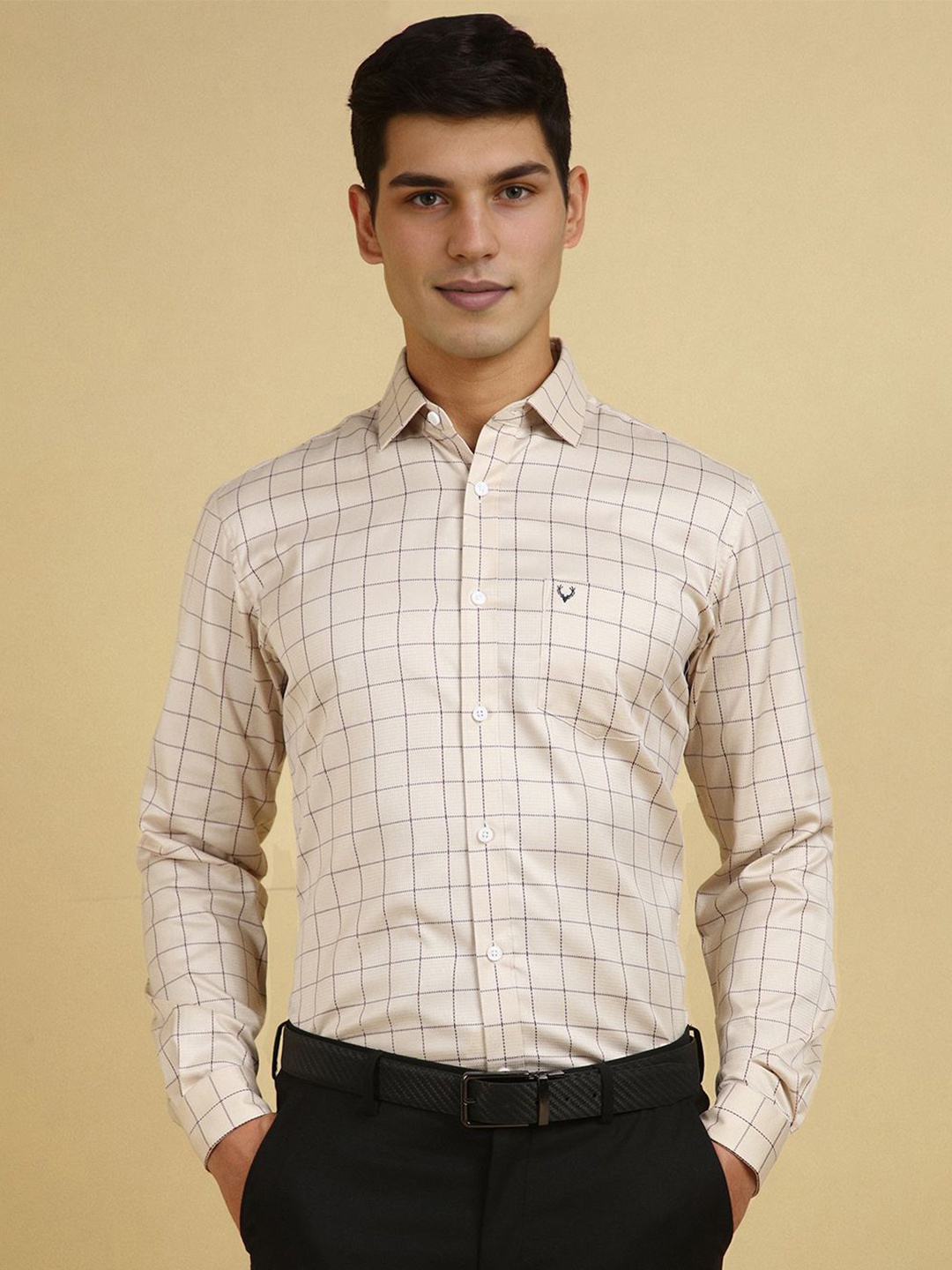 

Allen Solly Men Slim Fit Spread Collar Checked Cotton Formal Shirt, Beige