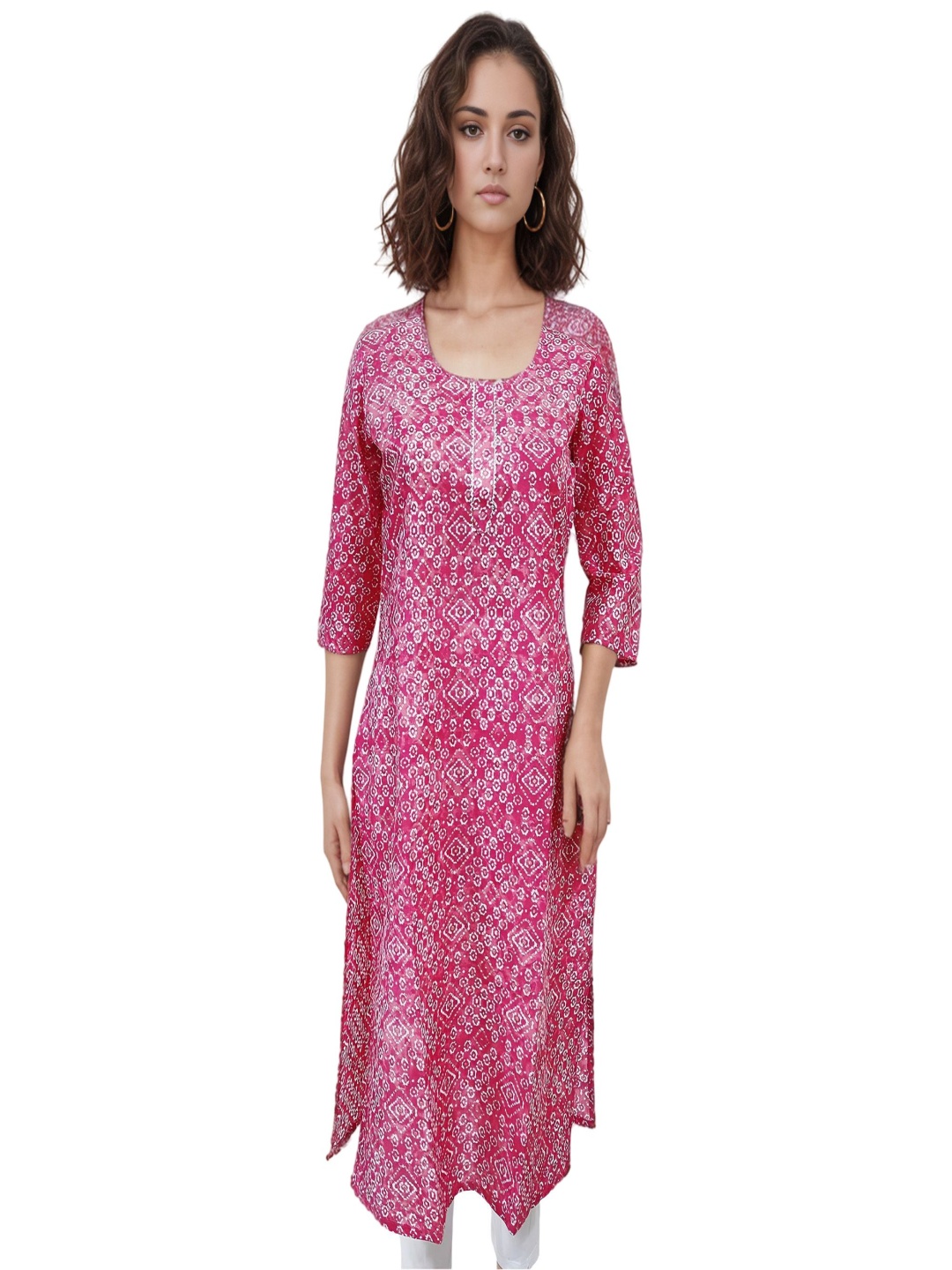 

RAYINVENT Ethnic Motifs Printed Round Neck Gotta Patti Pure Cotton Straight Kurtas, Pink