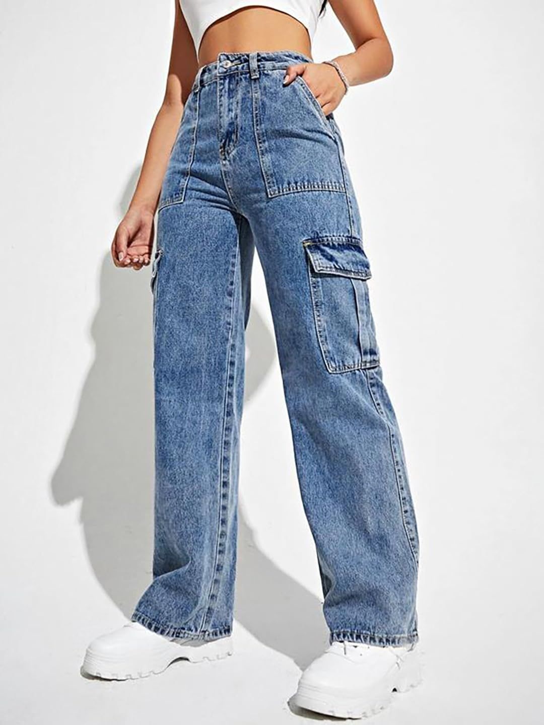 

Glossia Nova Women Comfort Wide Leg High-Rise Light Fade Acid Wash Stretchable Cargo Jeans, Blue