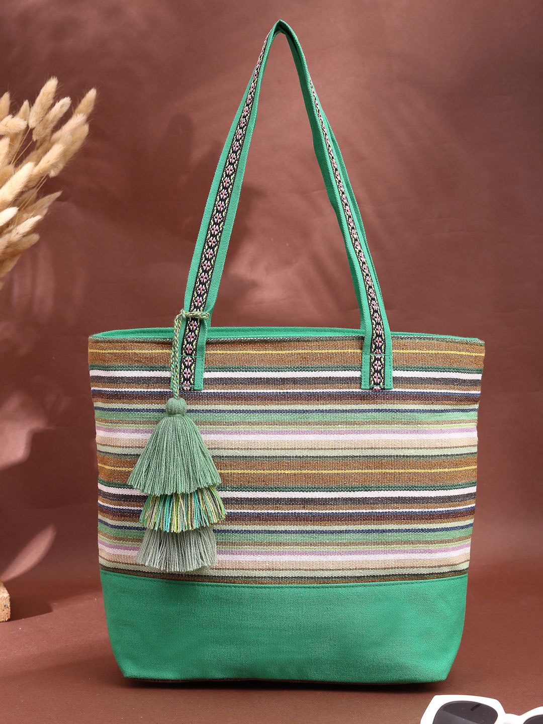 

Anekaant Striped Self Design Shopper Tasselled Eco- friendly Jacquard Cotton Tote Bag, Green