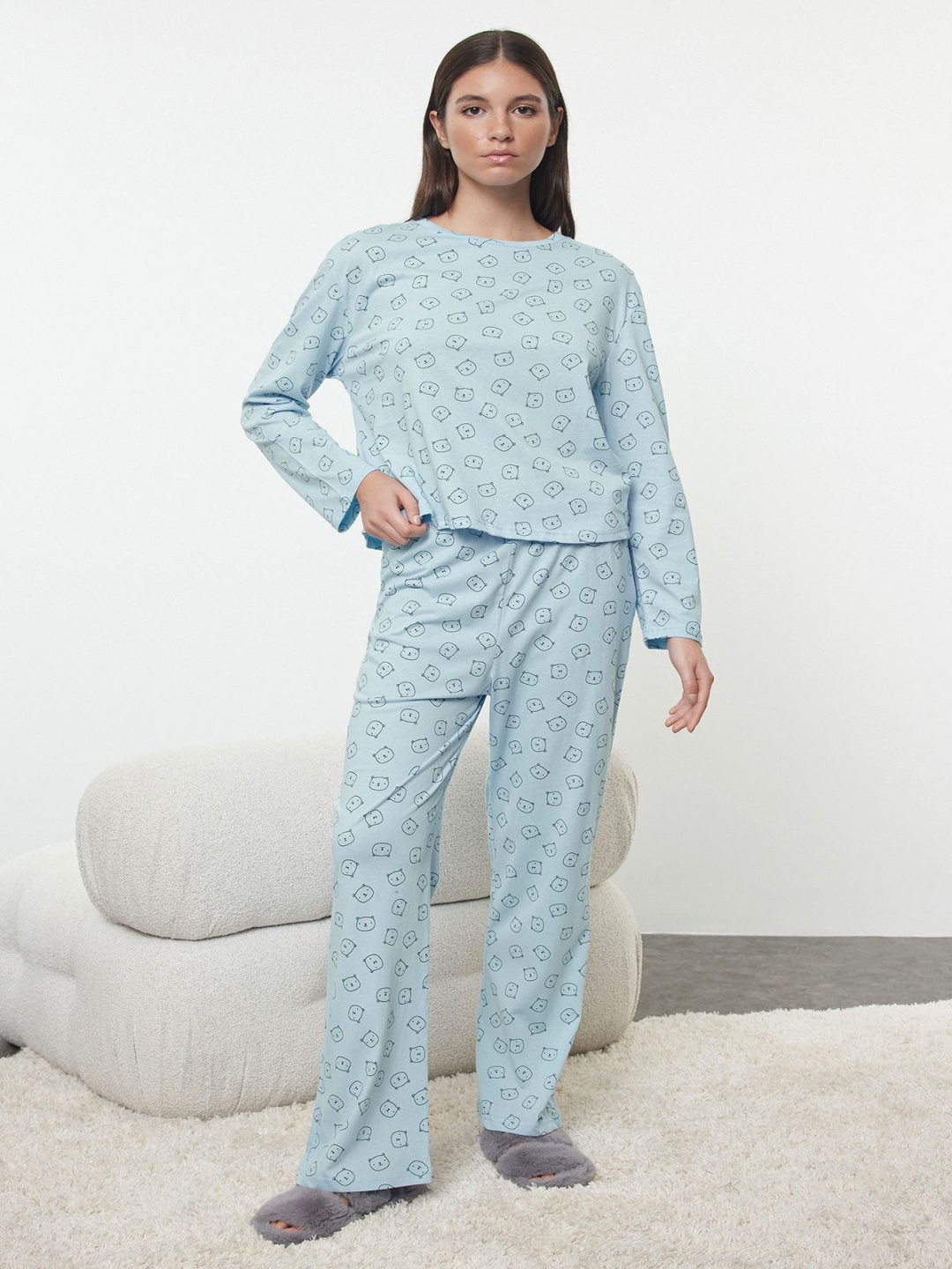 

Trendyol Women Pure Cotton Graphic Printed Night suit, Blue