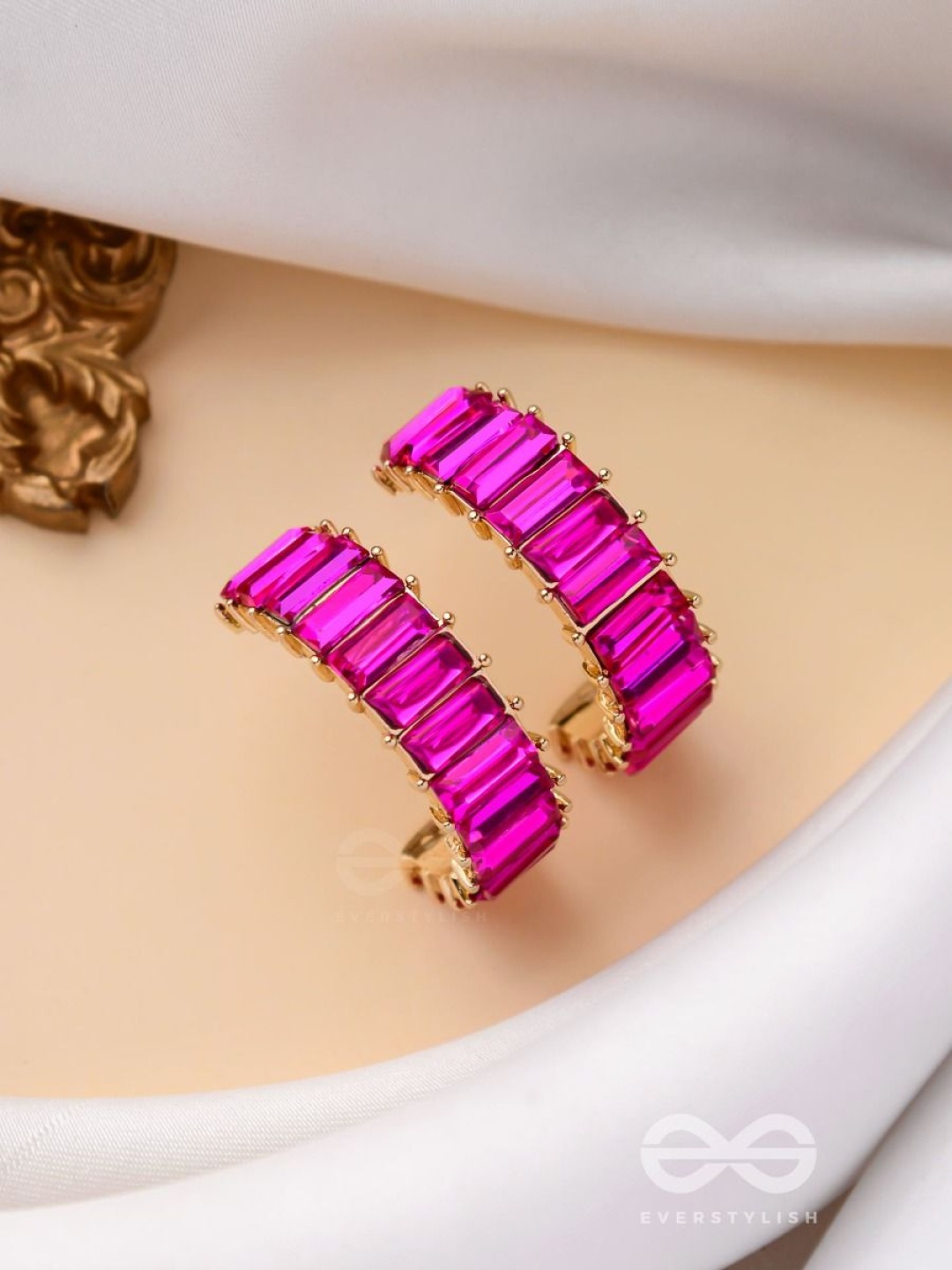 

EVERSTYLISH Crystals Studded Contemporary Shaped Half Hoop Earrings, Magenta