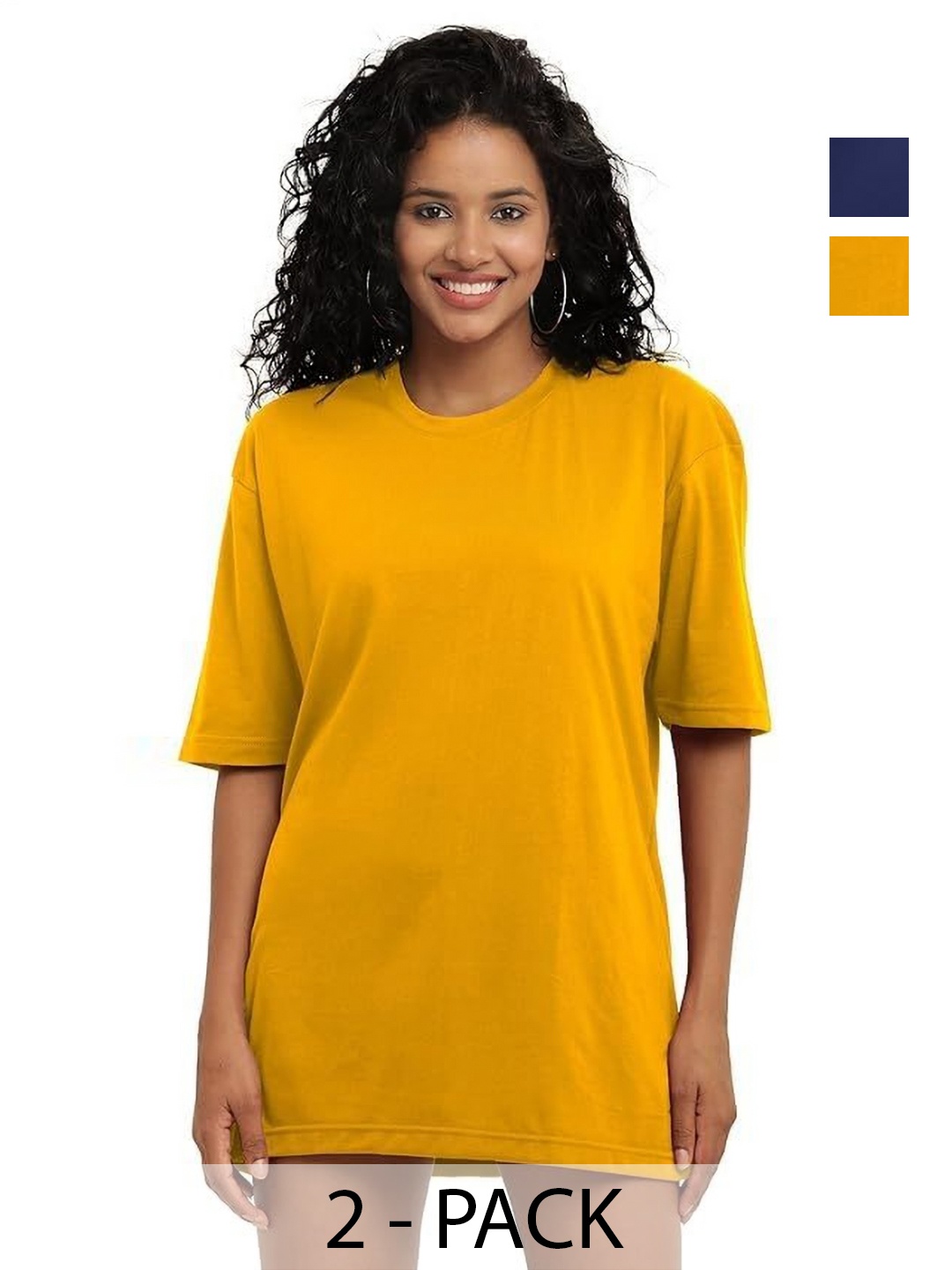 

NOTWILD Women Pack Of 2 Solid Round Neck Cotton T-shirts, Navy blue