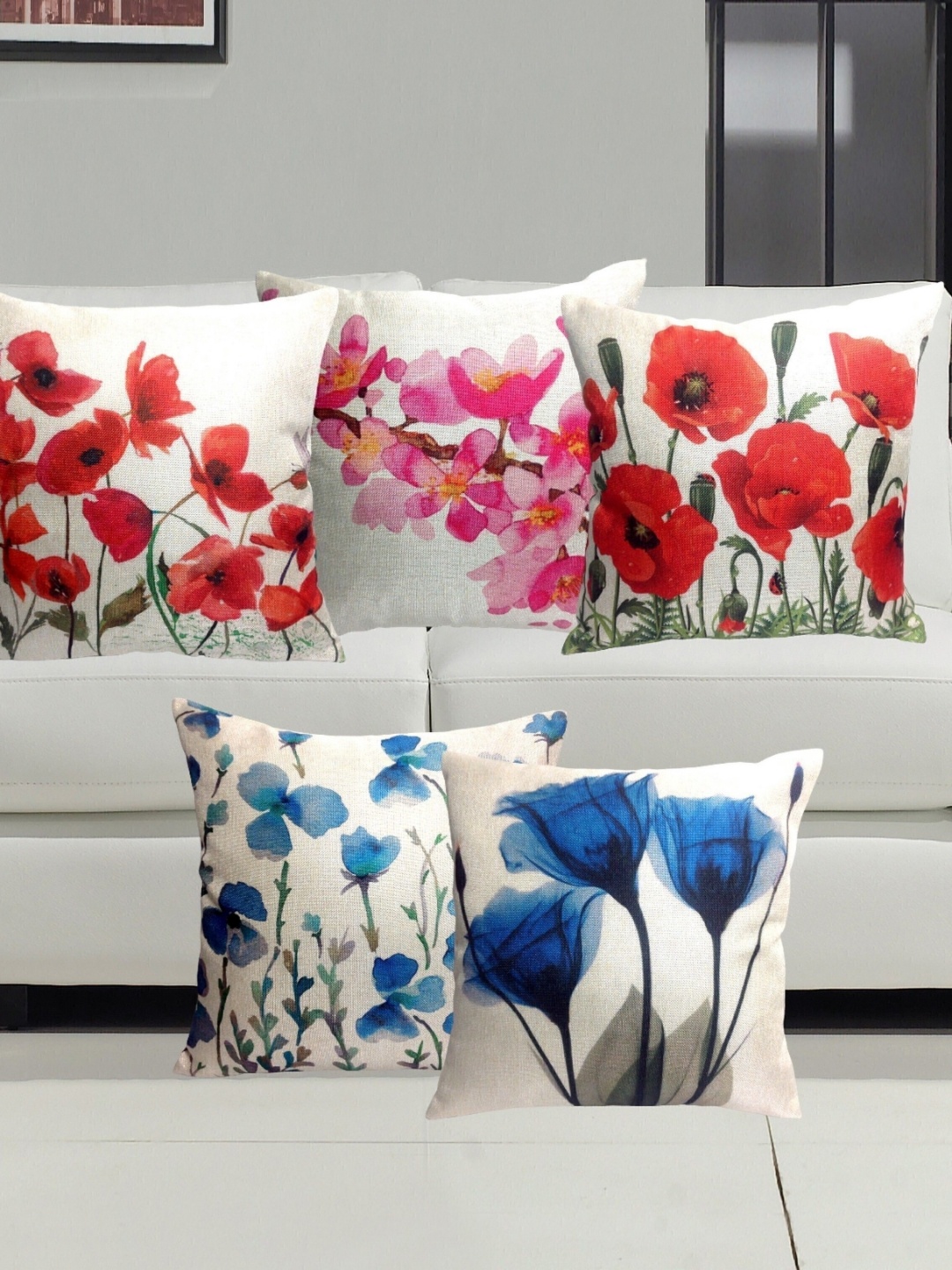 

HOME9INE White And Red 5 Pieces Floral Printed Jute Polyester Square Cushion Covers