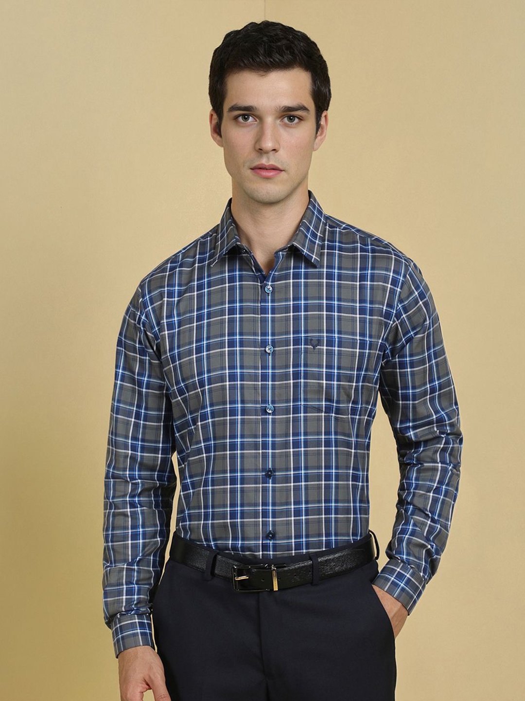 

Allen Solly Men Slim Fit Spread Collar Tartan Checked Cotton Formal Shirt, Grey