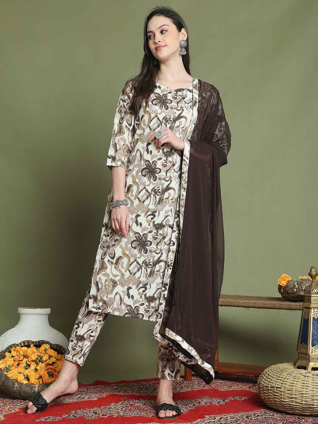 

Rajnandini Women Floral Printed Regular Kurta with Trousers & With Dupatta, Off white