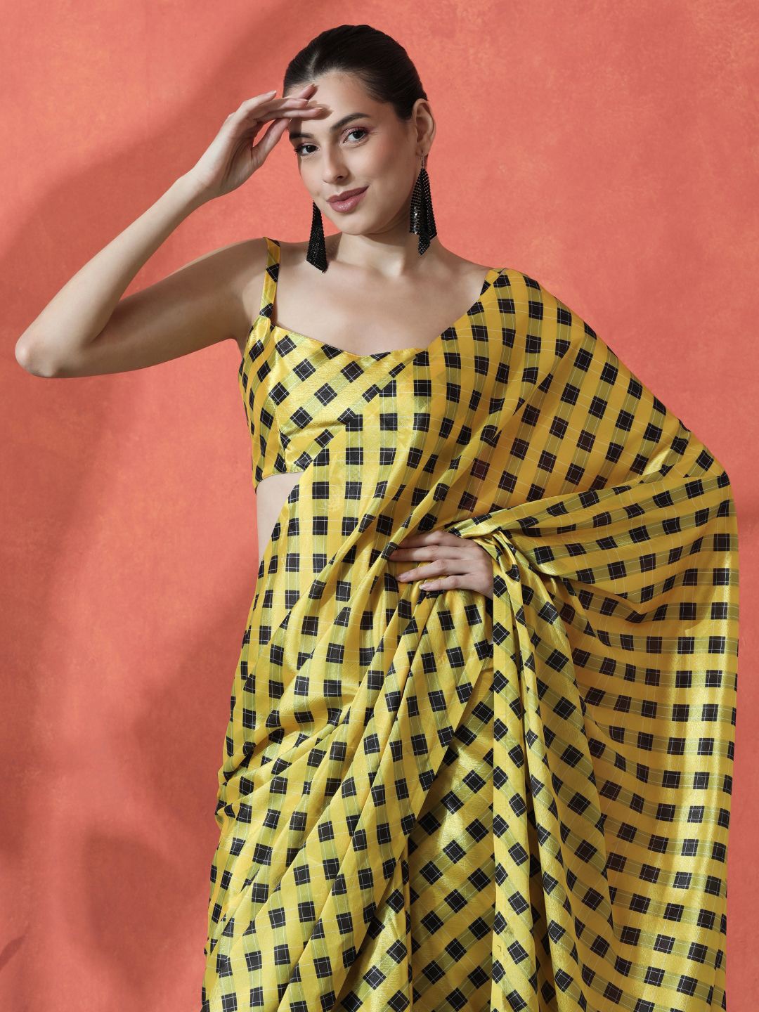 

Sangria Ready to wear Satin Checked Digital Printed Saree, Yellow