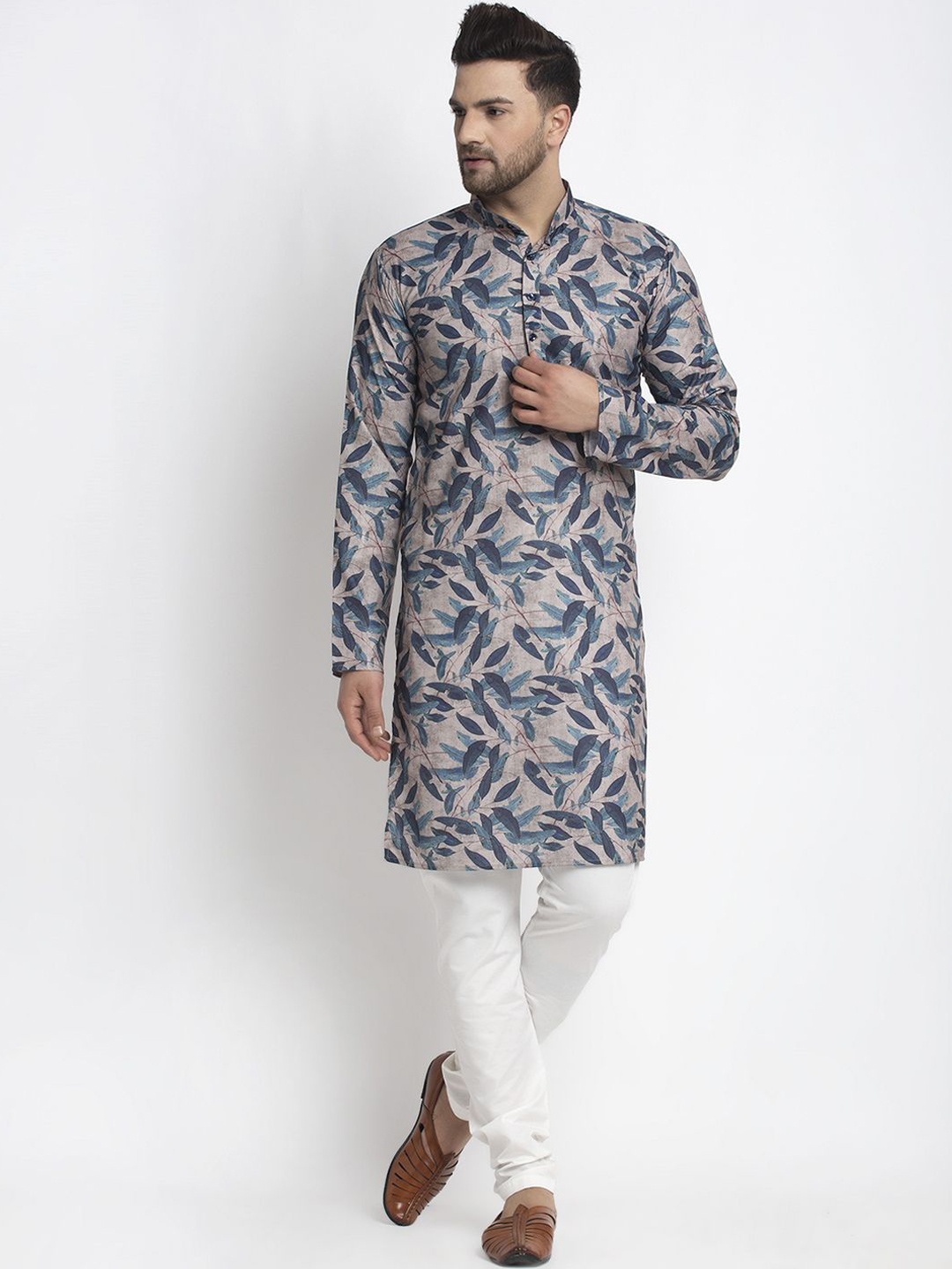 

Kaifoo Floral Printed Band Collar Long Sleeves Straight Kurta, Beige