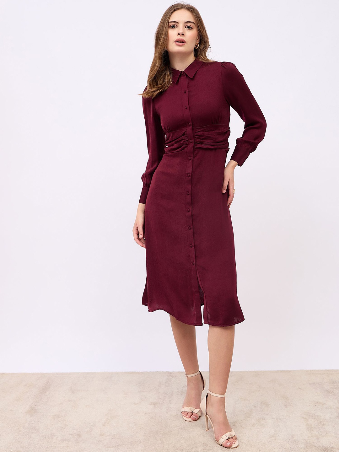 

Styli Women Shirt Collar Puff Sleeves A-Line Maxi Dress, Maroon