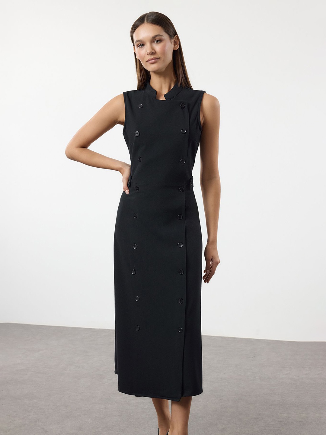 

Trendyol Mandarin Collar Sleeveless Blazer Midi Dress, Black