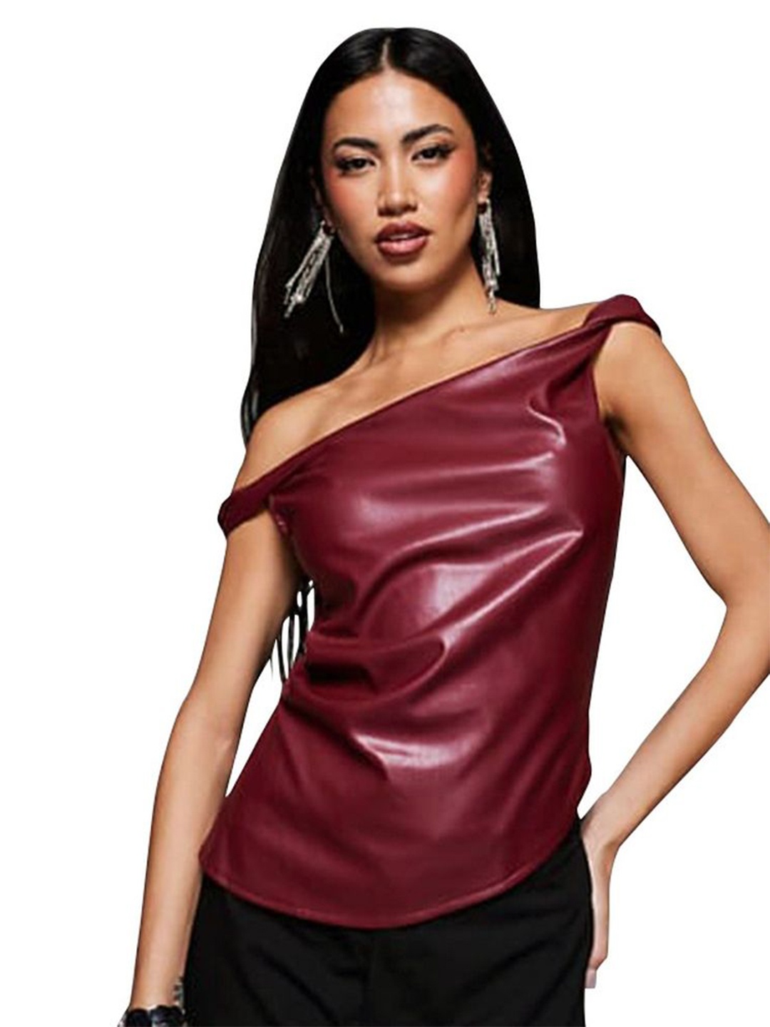 

LULU & SKY Off-Shoulder PU Coated Top, Burgundy