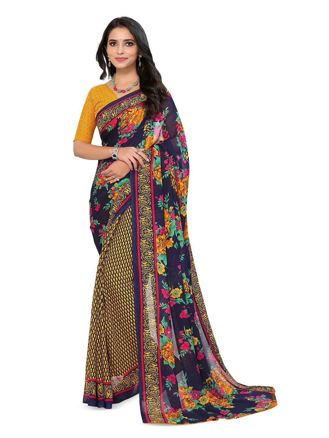 

Moda Rapido Floral Printed Saree With Blouse Piece, Blue