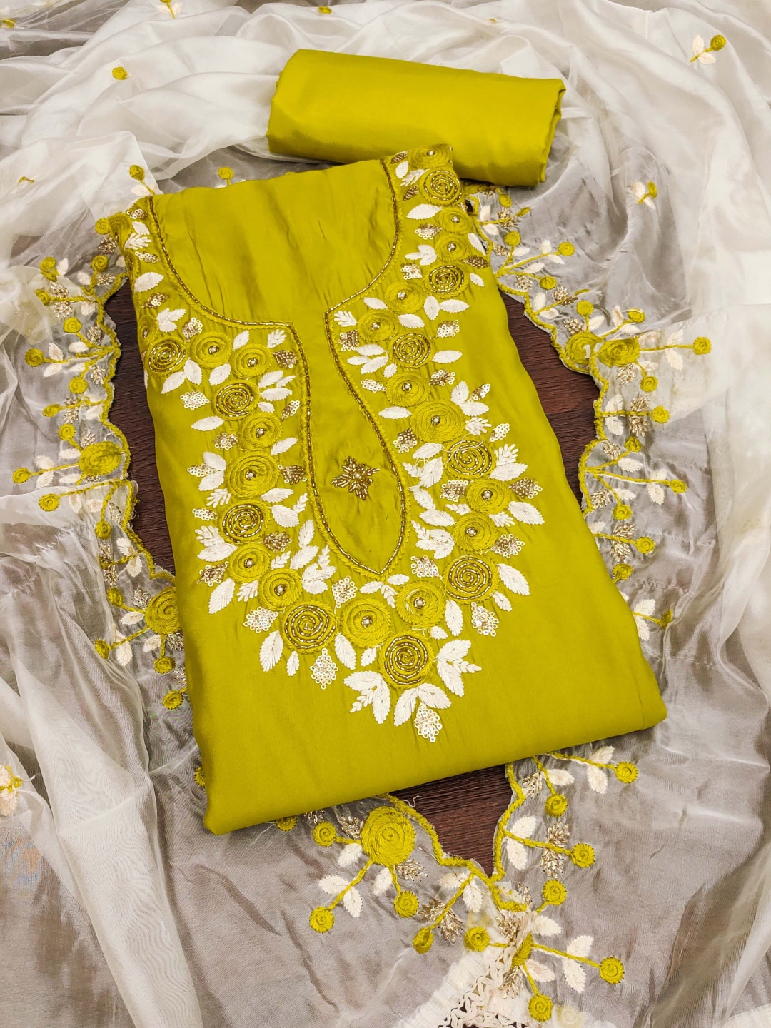 

Maroosh Floral Embroidered Sequnnied Unstitched Dress Material, Lime green