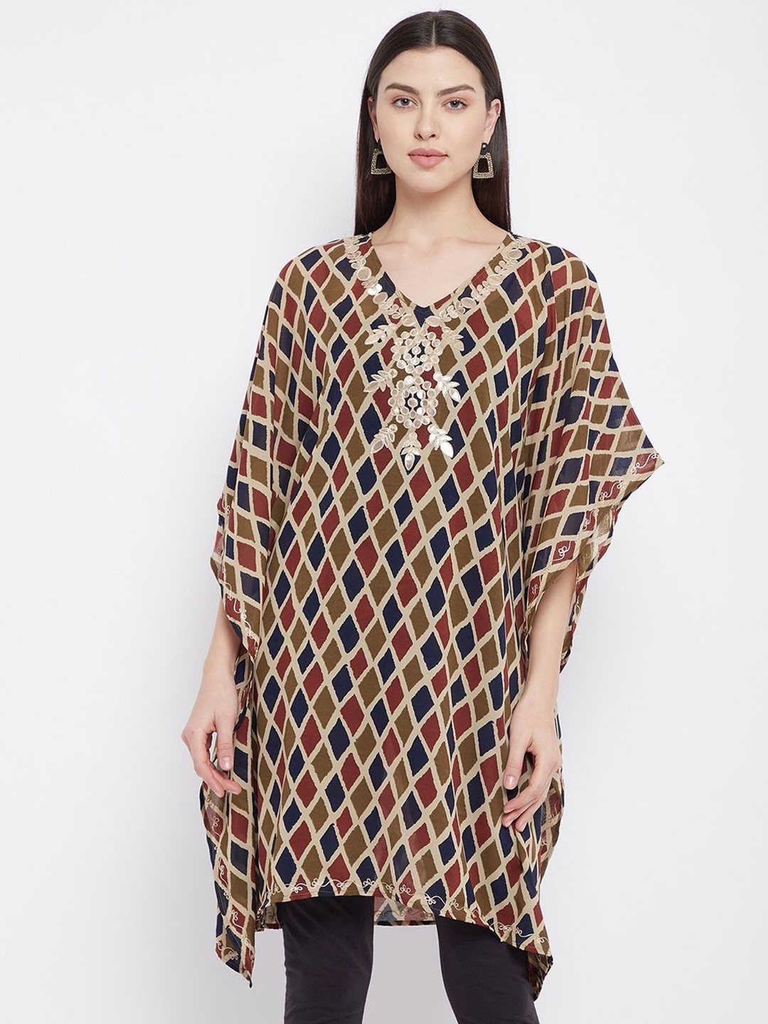 

Ruhaans Geometric Embroidered Kimono Sleeve Georgette Kaftan Longline Top, Multi