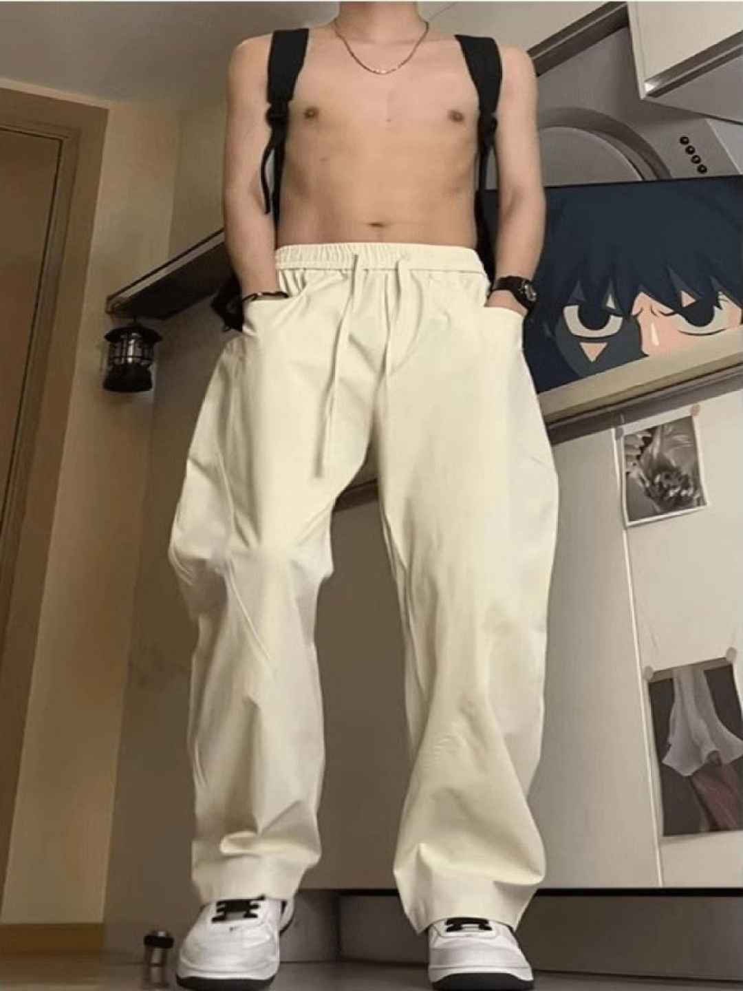 

StyleCast Men Relaxed Fit Cotton Wide Leg Trousers, Beige