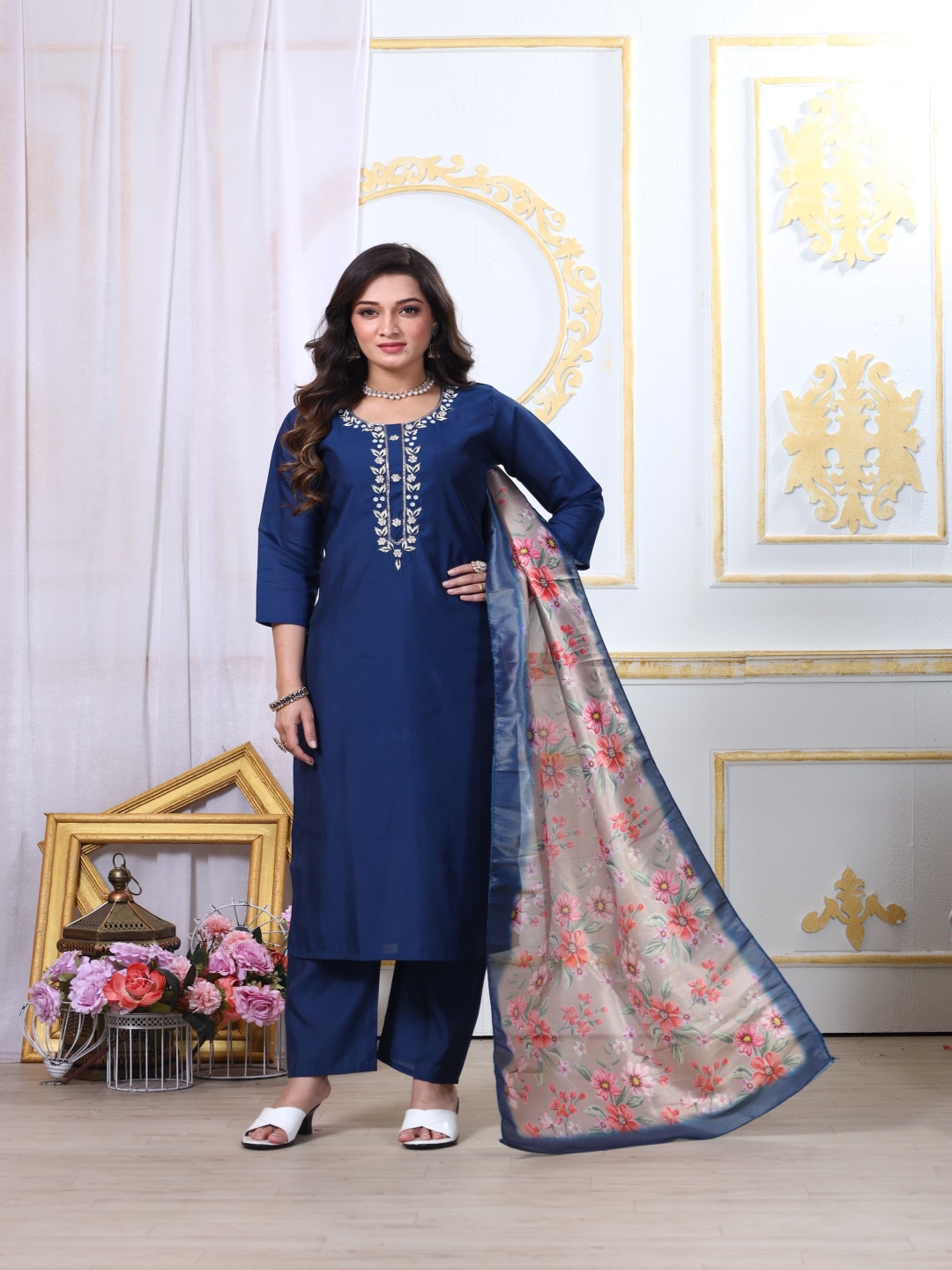 

Maheesha Floral Yoke Design Round Neck Beads Work Straight Kurta With Trouser & Dupatta, Navy blue