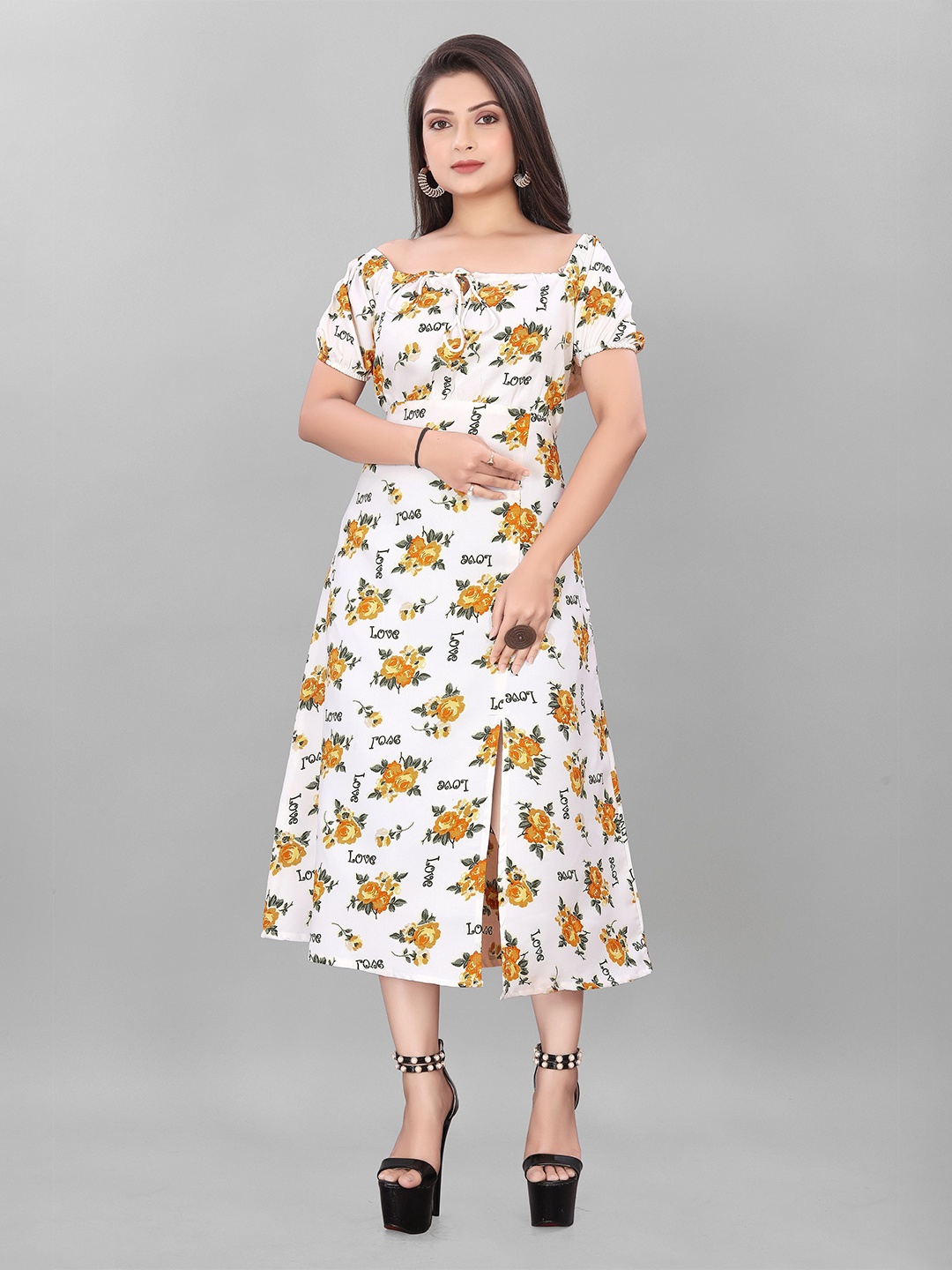 

BAESD Floral Print Puff Sleeve Crepe A-Line Midi Dress, Yellow