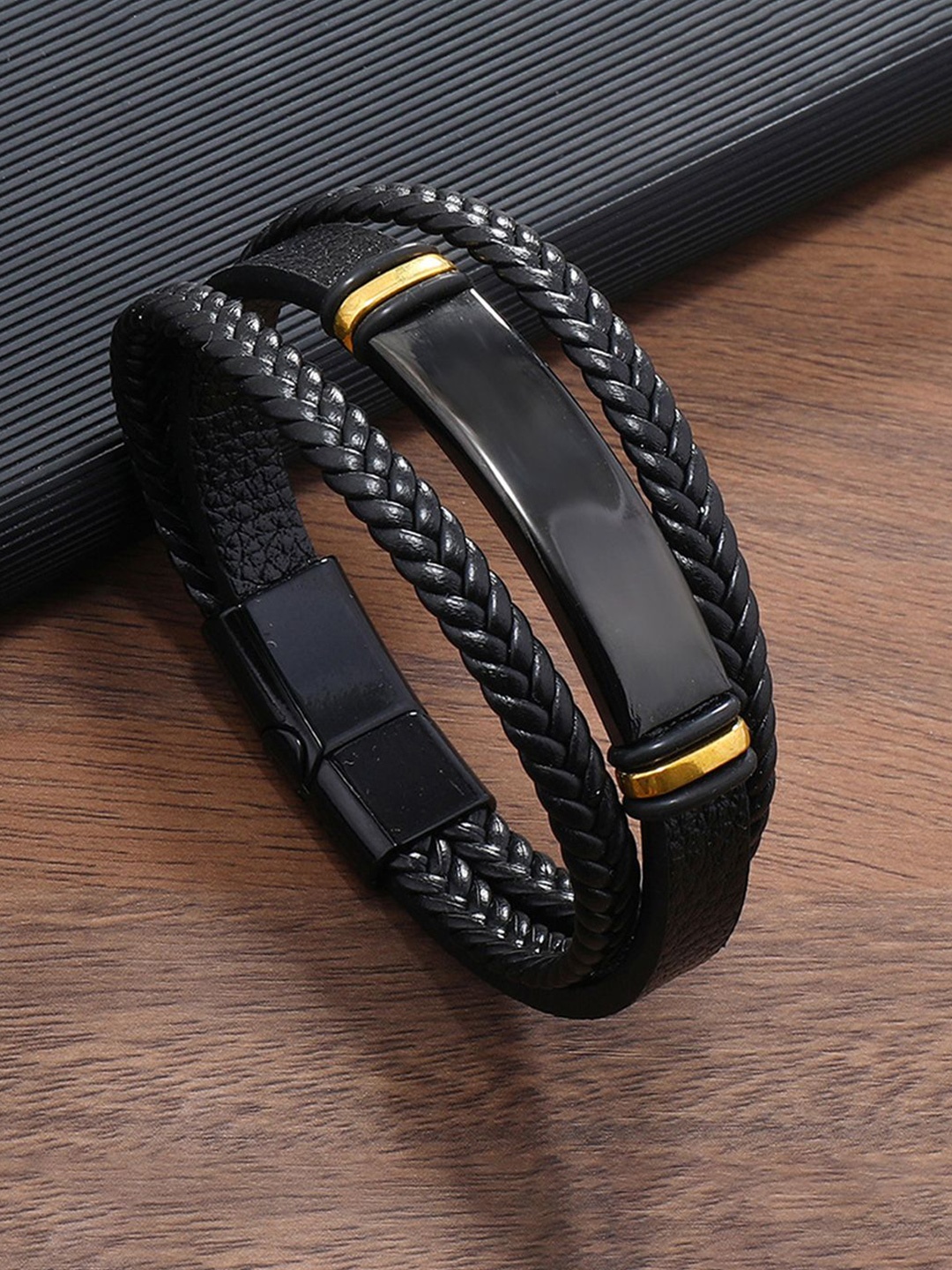 

Jewels Galaxy Men Leather Gold-Plated Wraparound Bracelet