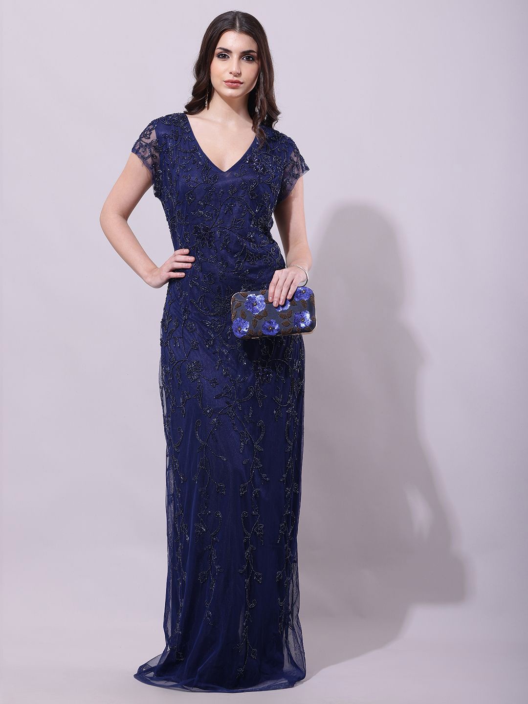 

DEBONATELLA Embellished Sequinced Net Maxi Dress, Navy blue