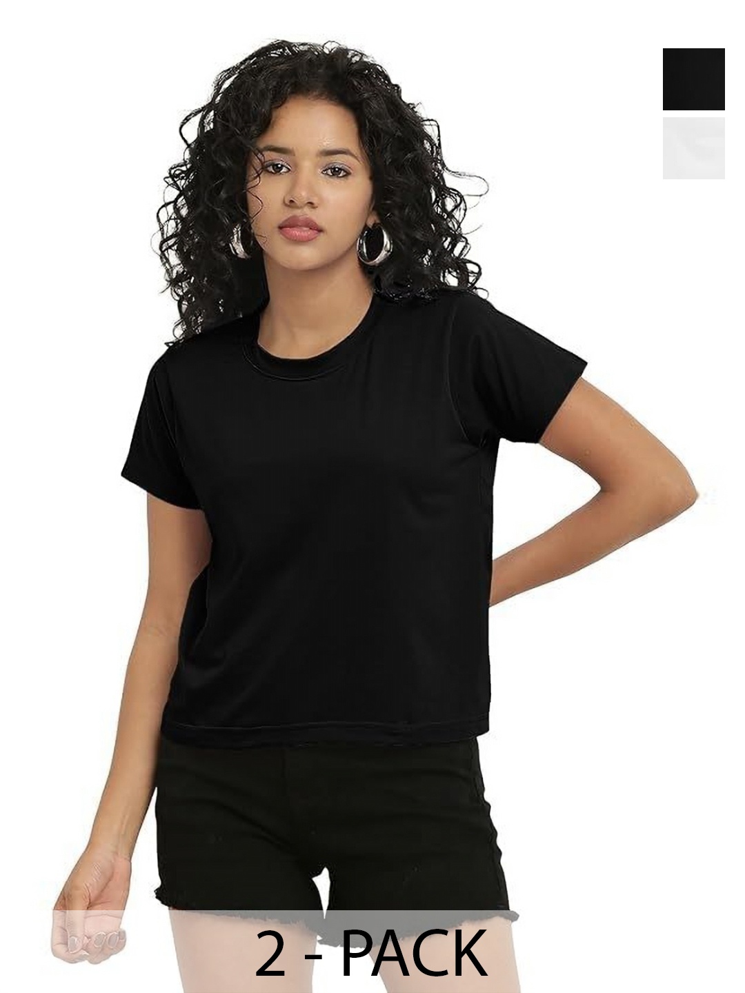 

NOTWILD Women Pack Of 2 Solid Round Neck Cotton Boxy T-shirts, Black