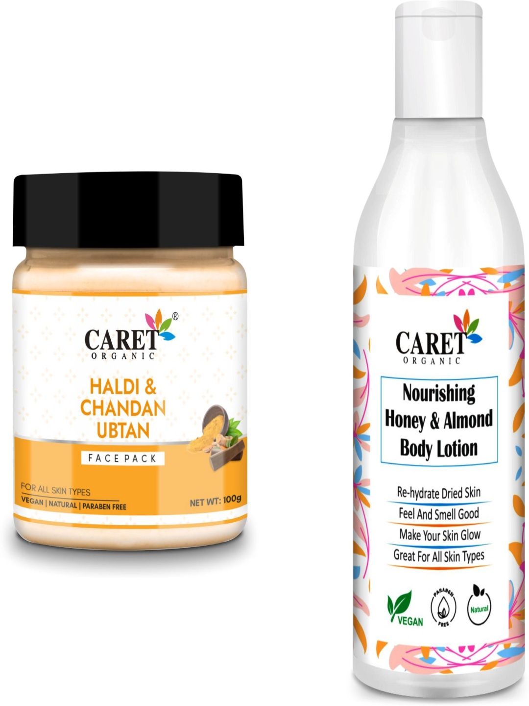 

CARET ORGANIC Set Of 2 Haldi Chandan Ubtan Face Pack- 100 g & Almond Body Lotion- 250 ml, White