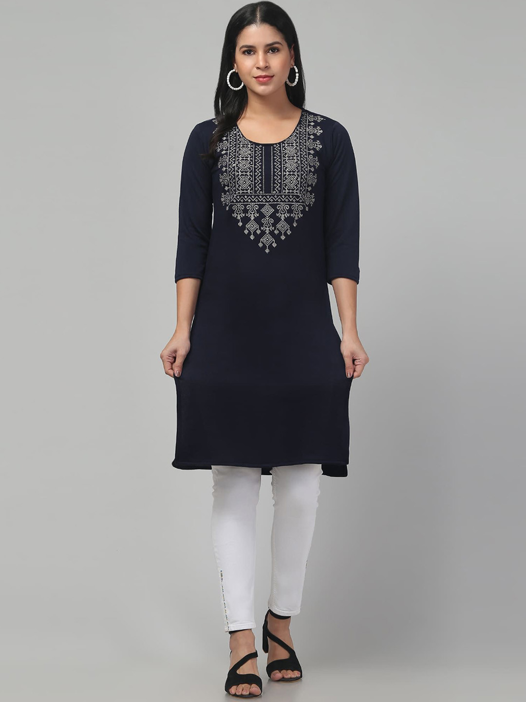 

FAMBEE Women Woollen Kurta, Navy blue