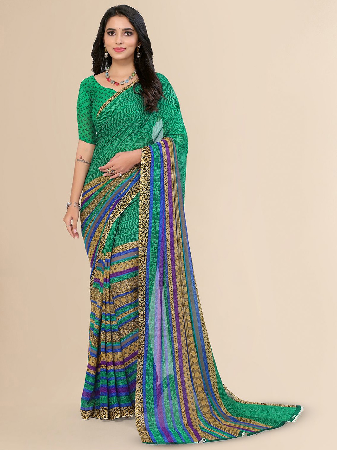 

Moda Rapido Ethnic Motifs Printed Saree With Blouse Piece, Green