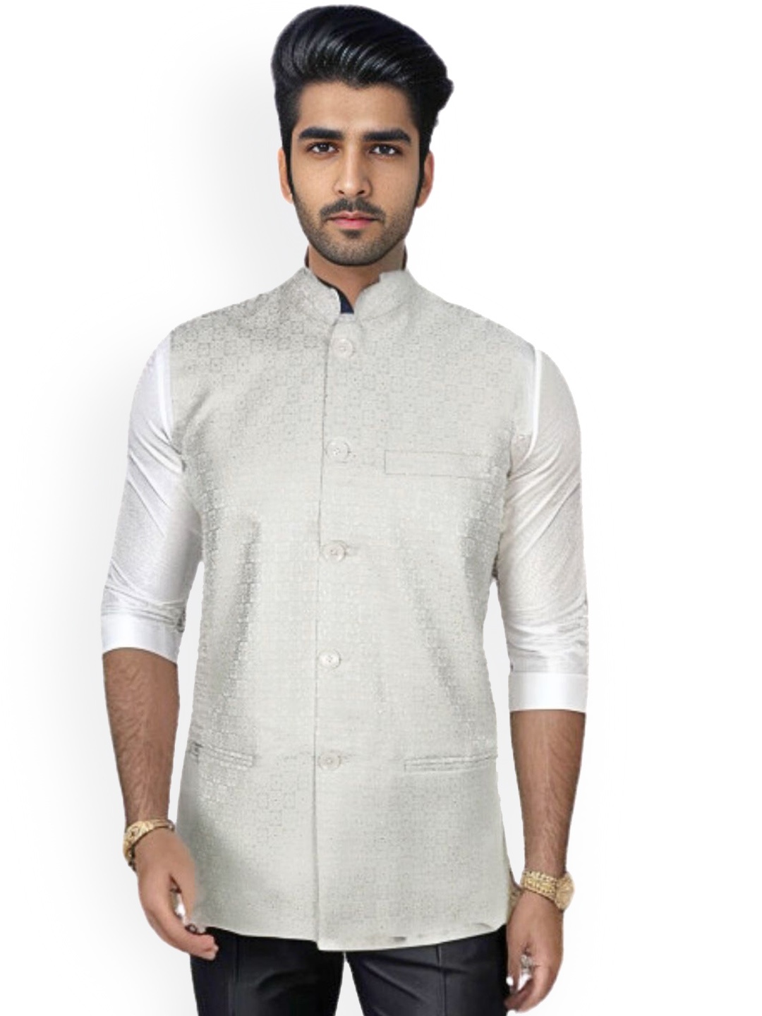 

Blacksmith Woven Design Nehru Jacket, Silver