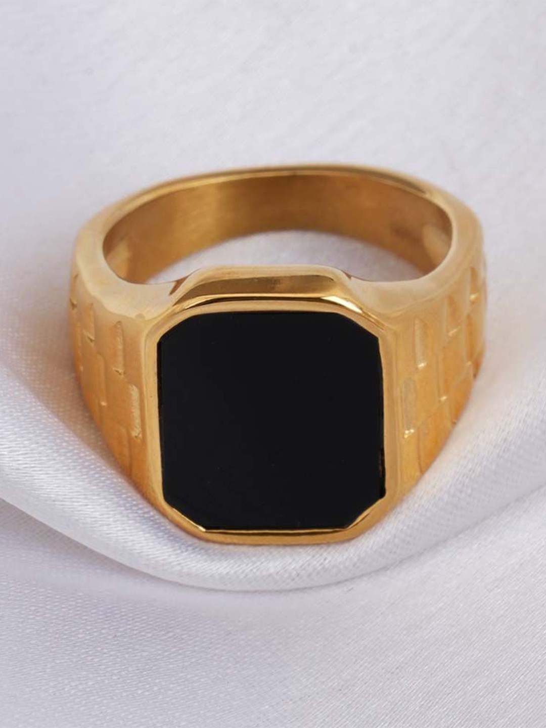 

PALMONAS Gold Plated Stainless Steel Onyx Stone Finger Ring