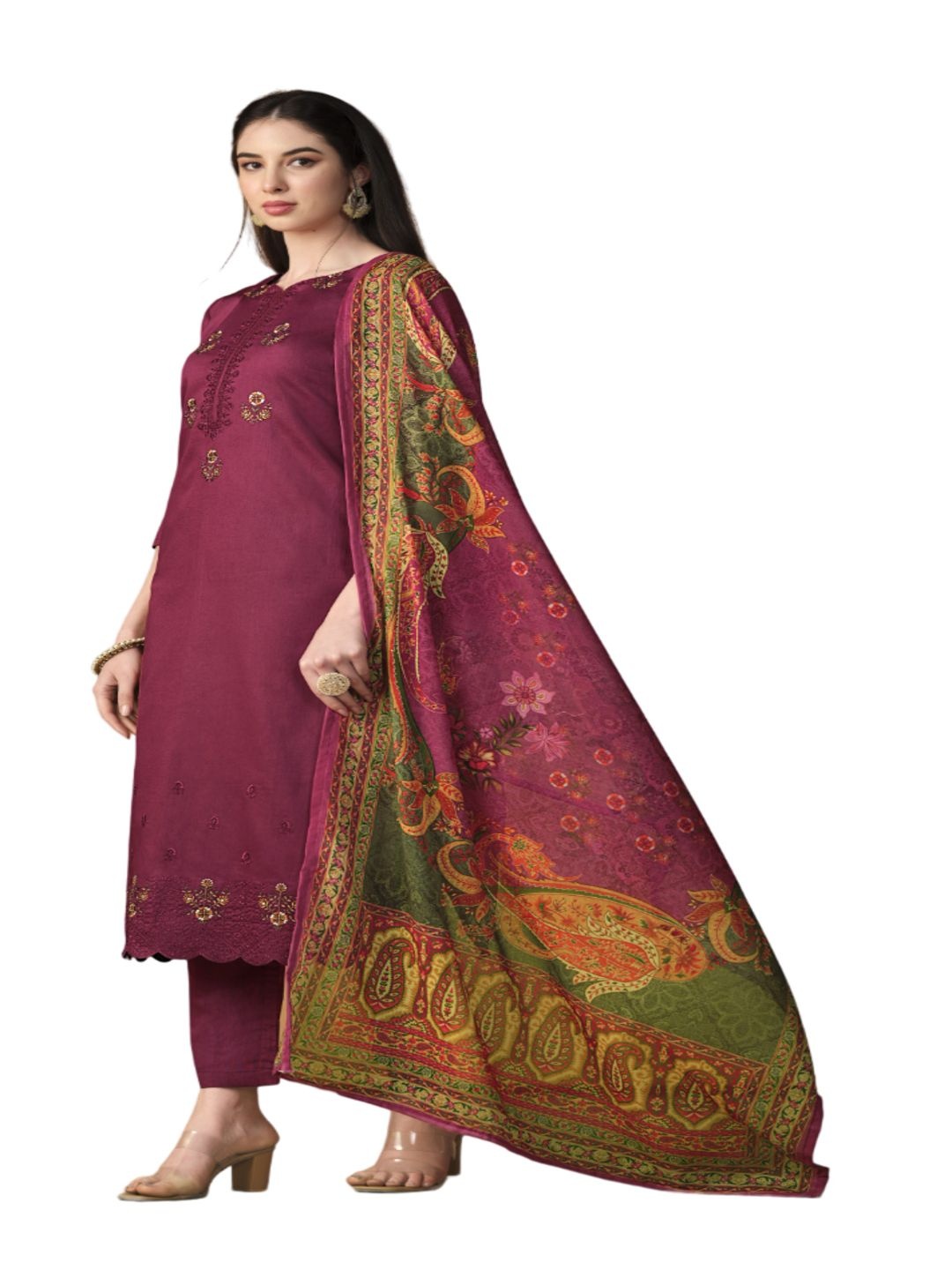 

DRAVINAM Trends Floral Embroidered Pure Cotton Unstitched Dress Material, Maroon