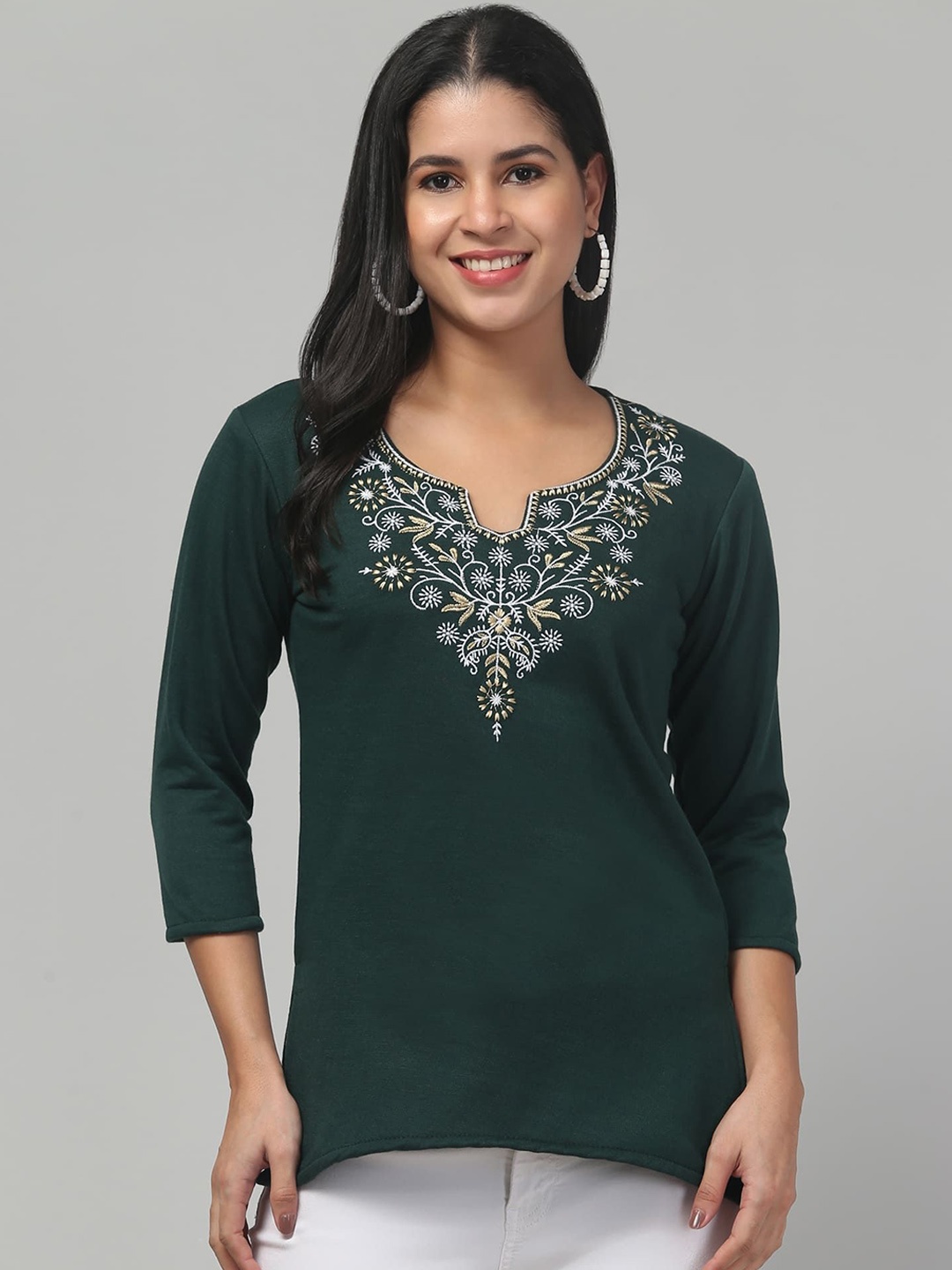 

FAMBEE Women Embroidered Thread Work Woollen Kurta, Green