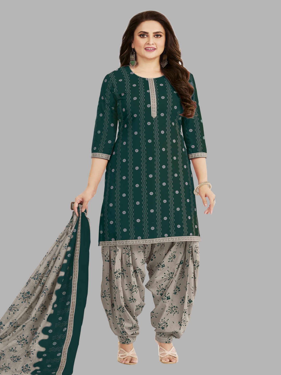 

shree jeenmata collection Printed Pure Cotton Unstitched Dress Material, Green