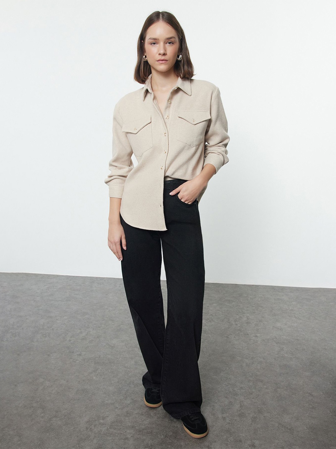 

Trendyol Women Spread Collar Solid Casual Shirt, Beige