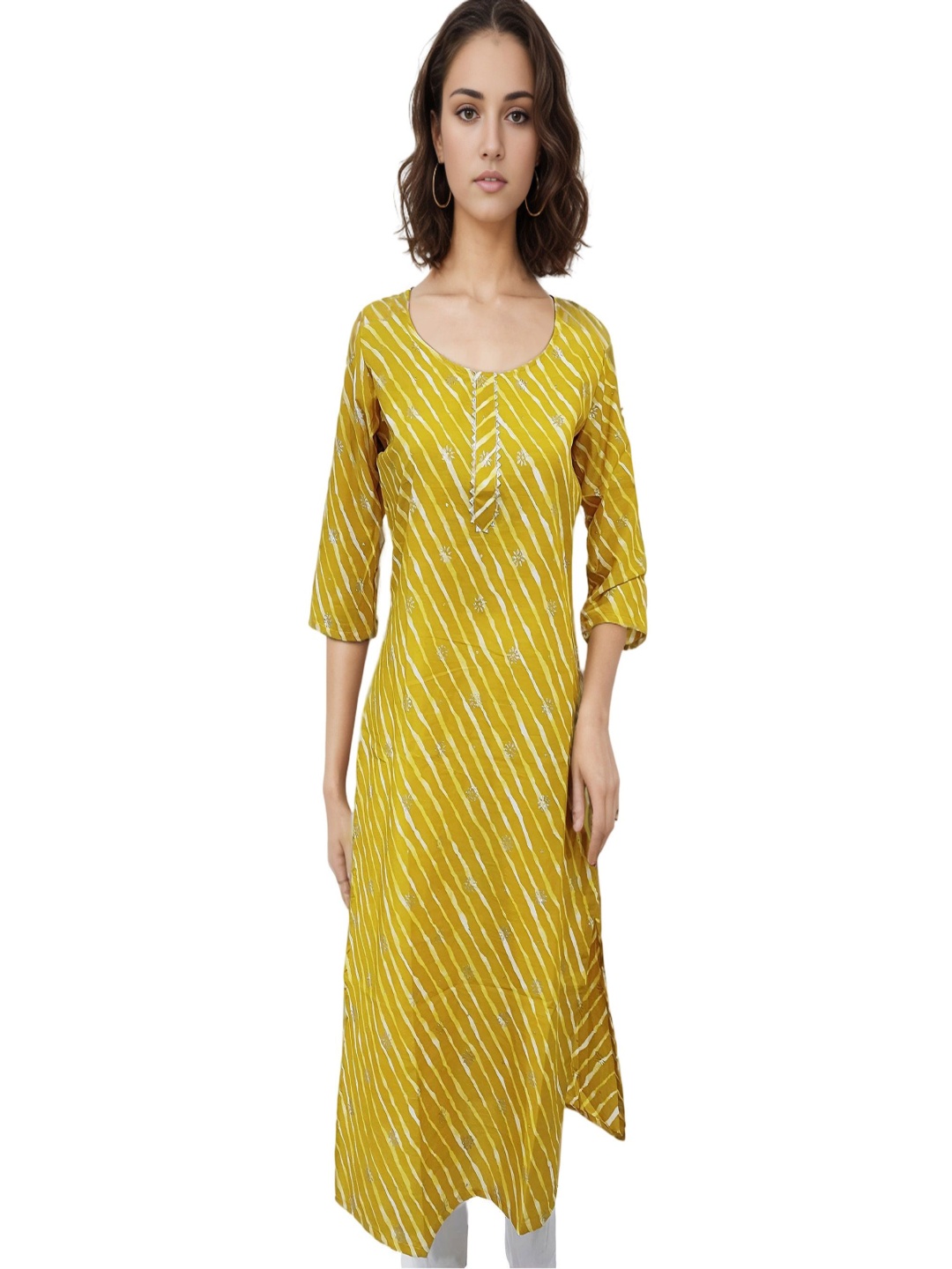 

RAYINVENT Leheriya Printed Round Neck Gotta Patti Pure Cotton Straight Kurtas, Yellow