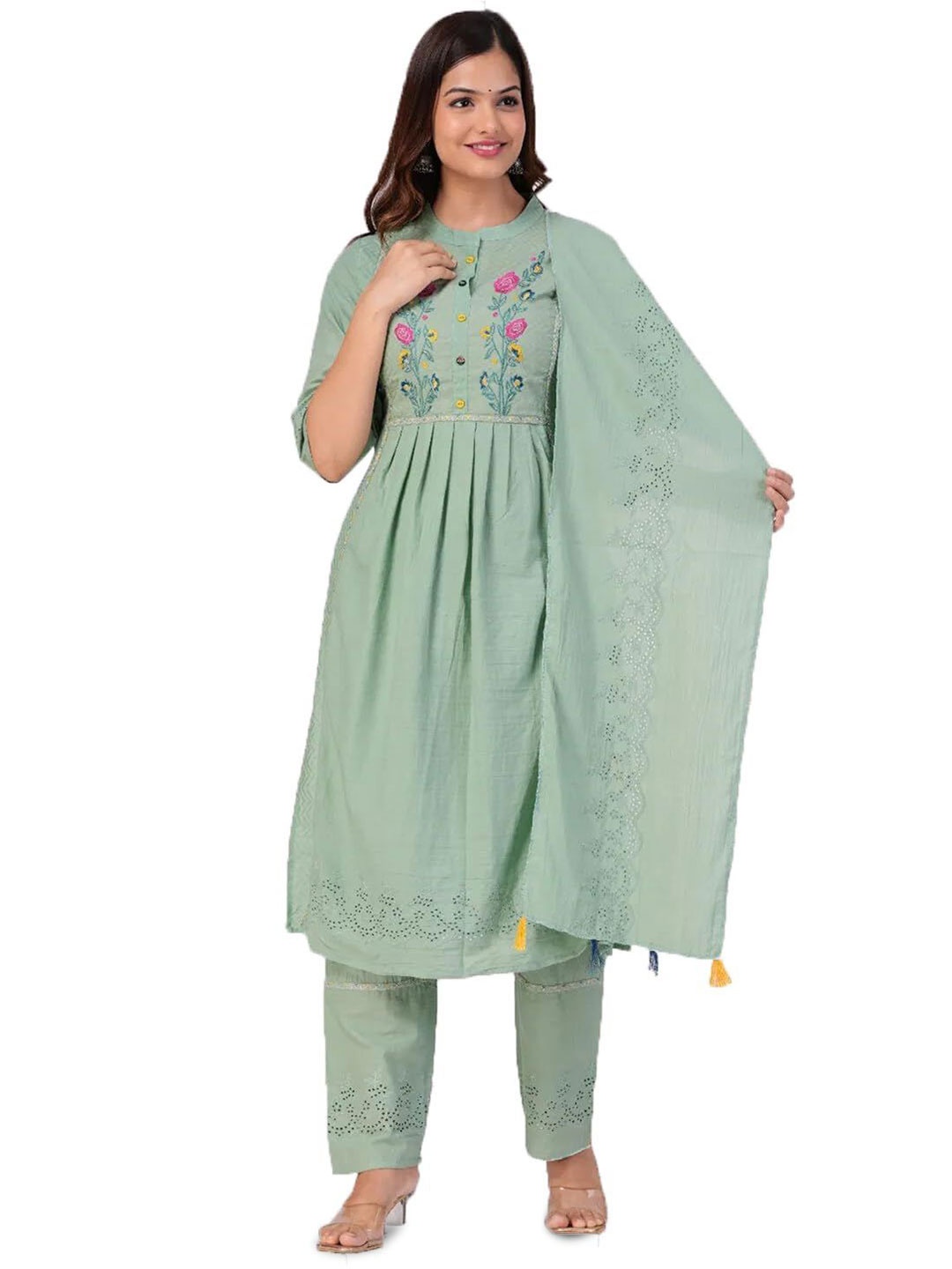 

13-Star Floral Yoke Design Pleated Thread Work Pure Cotton Kurta With Trousers & Dupatta, Green