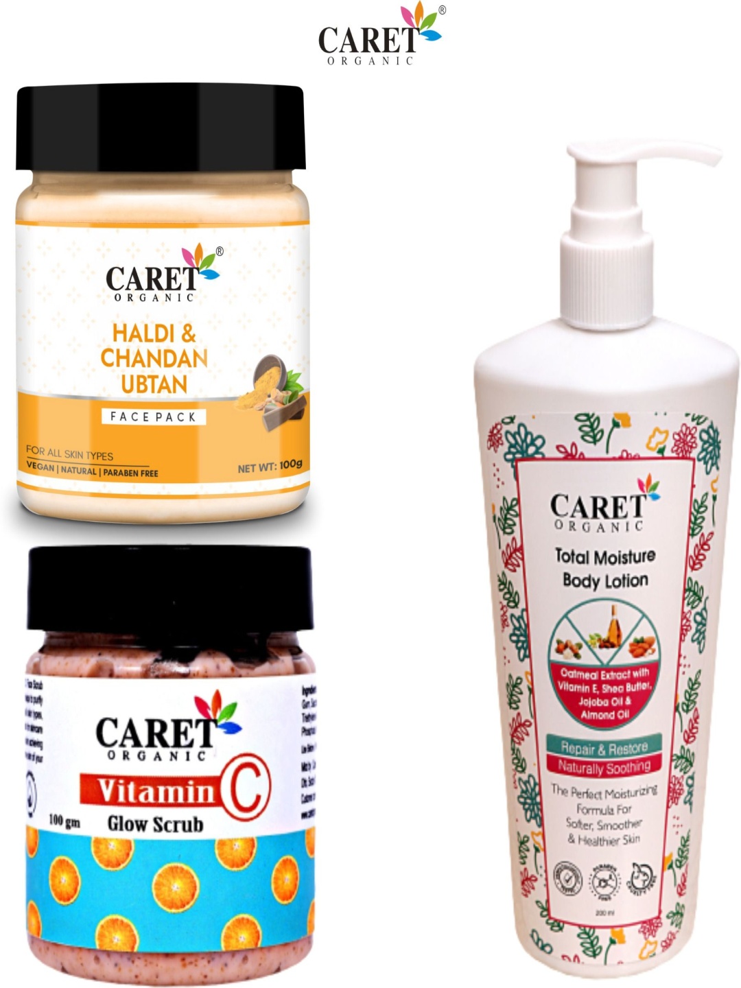 

CARET ORGANIC Set Of 3 Haldi,Chandan Face Pack,Vitamin C Scrub & Total Moisture Lotion, Multi