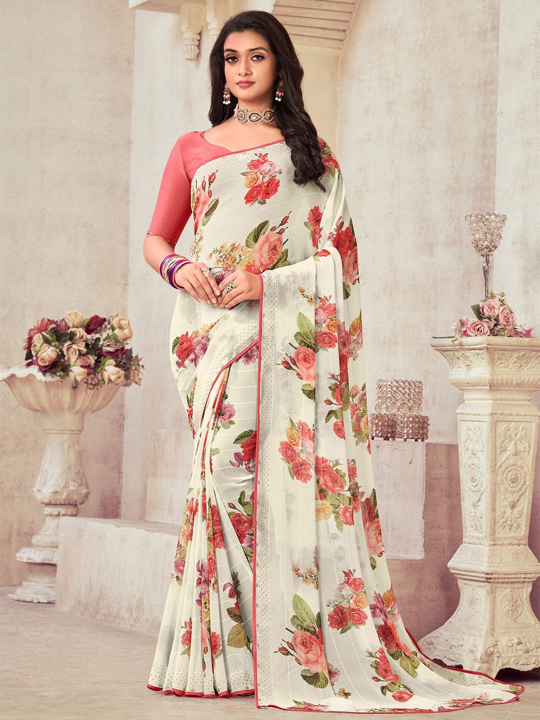 

Laxmipati Floral Printed Embroidered Sarees, Cream