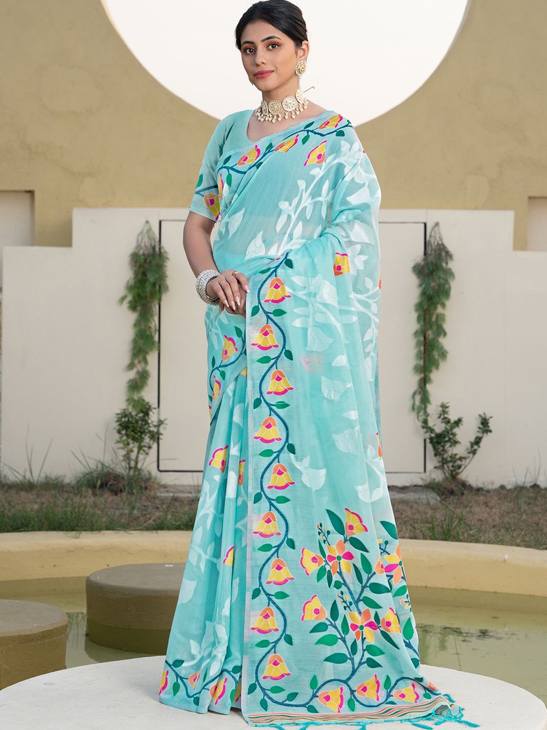 

Satrani Ethnic Motifs Pure Cotton Jamdani Saree, Blue
