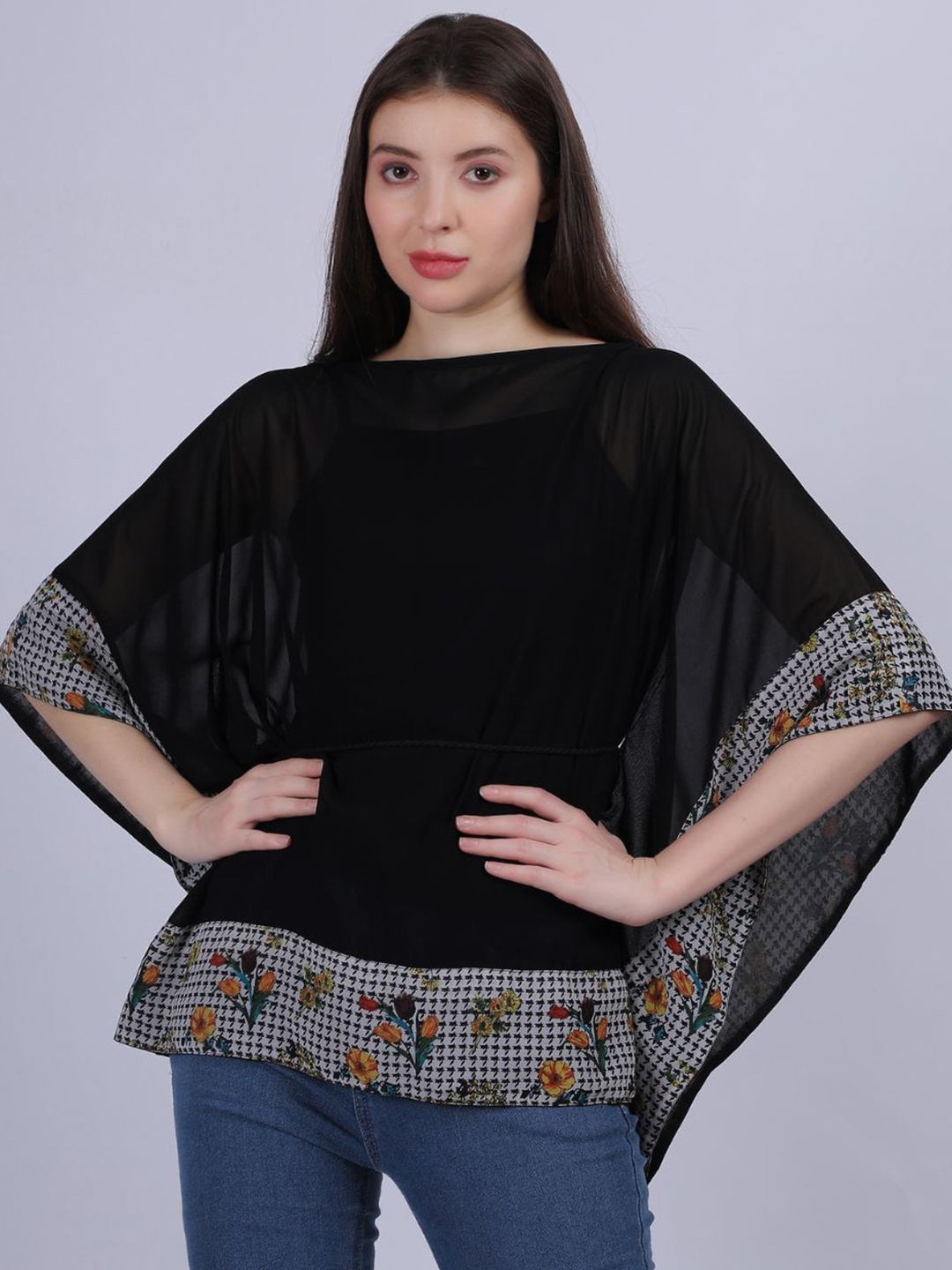 

Aumbe Print One Shoulder Kimono Sleeve Kaftan Top, Black