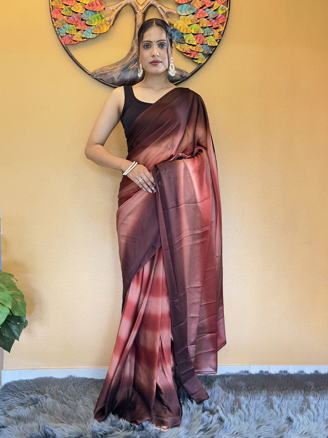 

ZIBLON Striped Pure Georgette Ready to Wear Saree, Peach