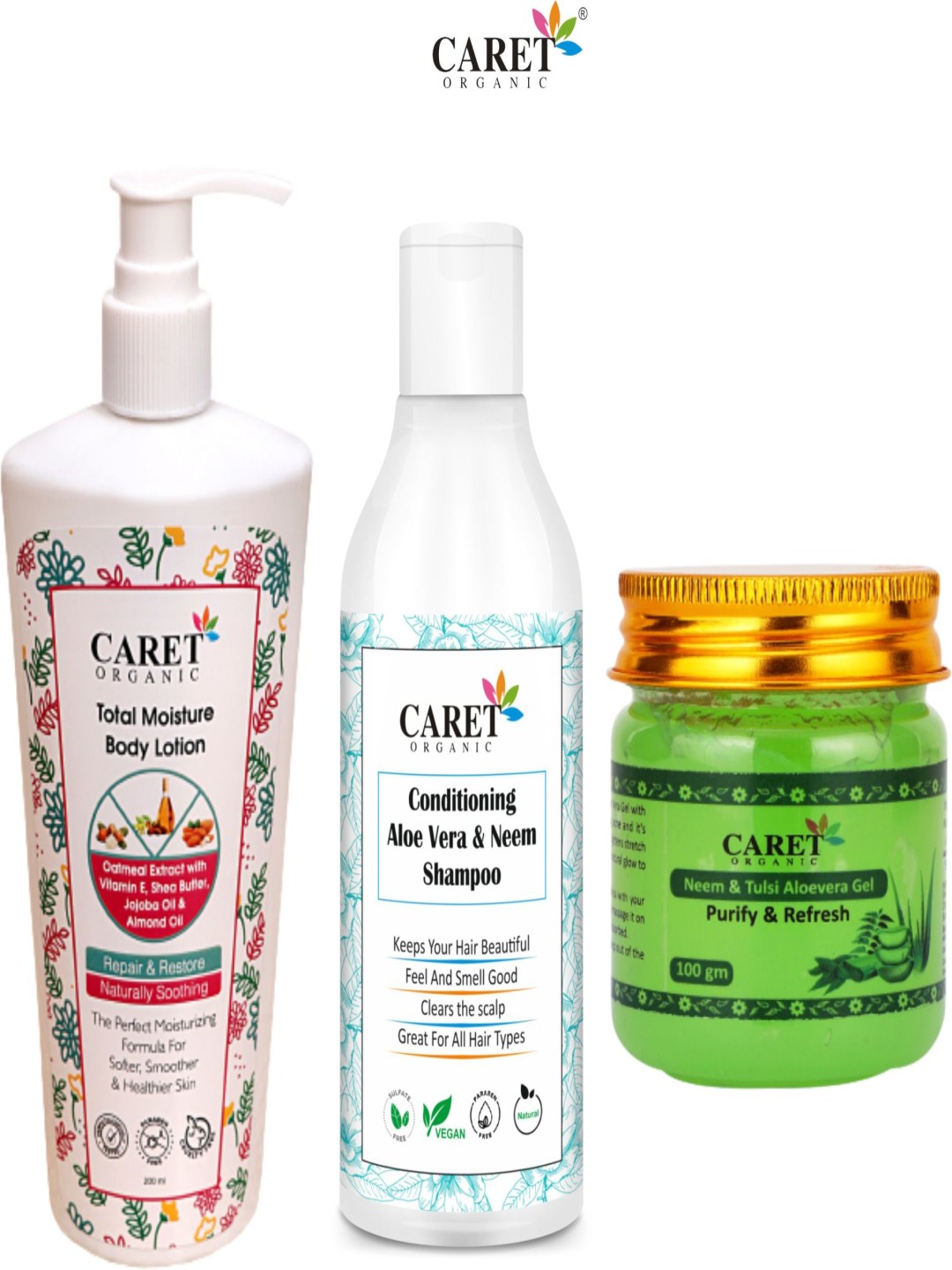 

CARET ORGANIC Set Of 3 Total Body Lotion 200 ml, Shampoo 100 g & Aloevera Gel 100 g, White