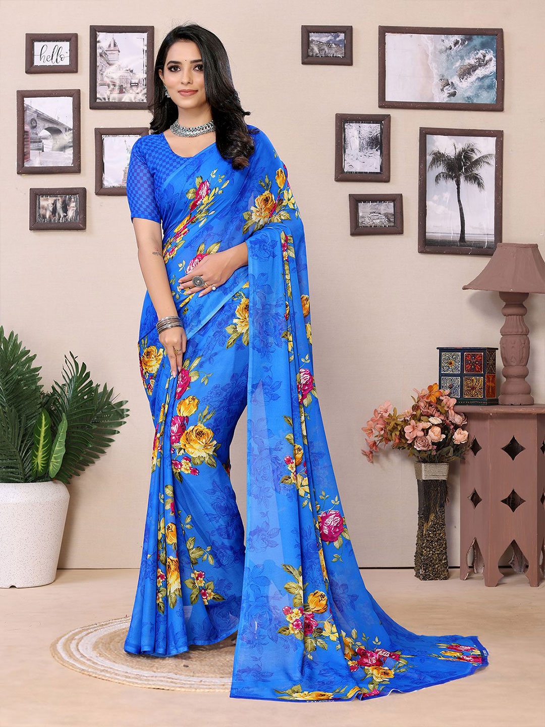 

Moda Rapido Printed Saree With Unstiched Blouse Piece, Blue