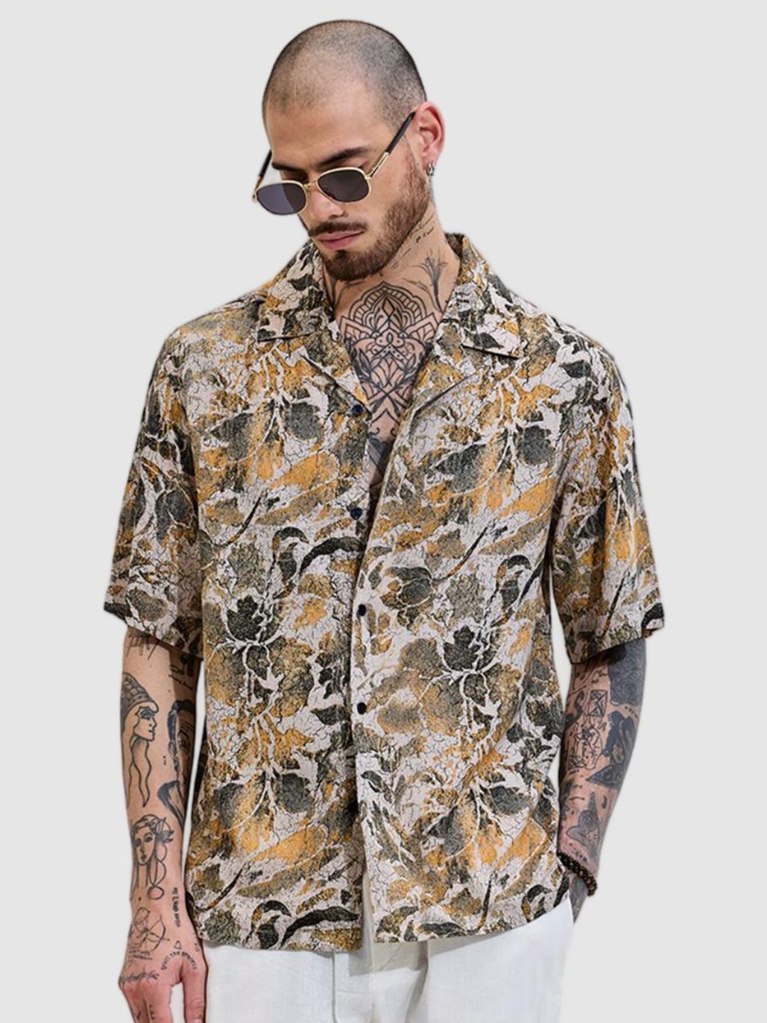 

Snitch Men Relaxed Oversized Fit Cuban Collar Floral Printed Casual Shirt, Beige