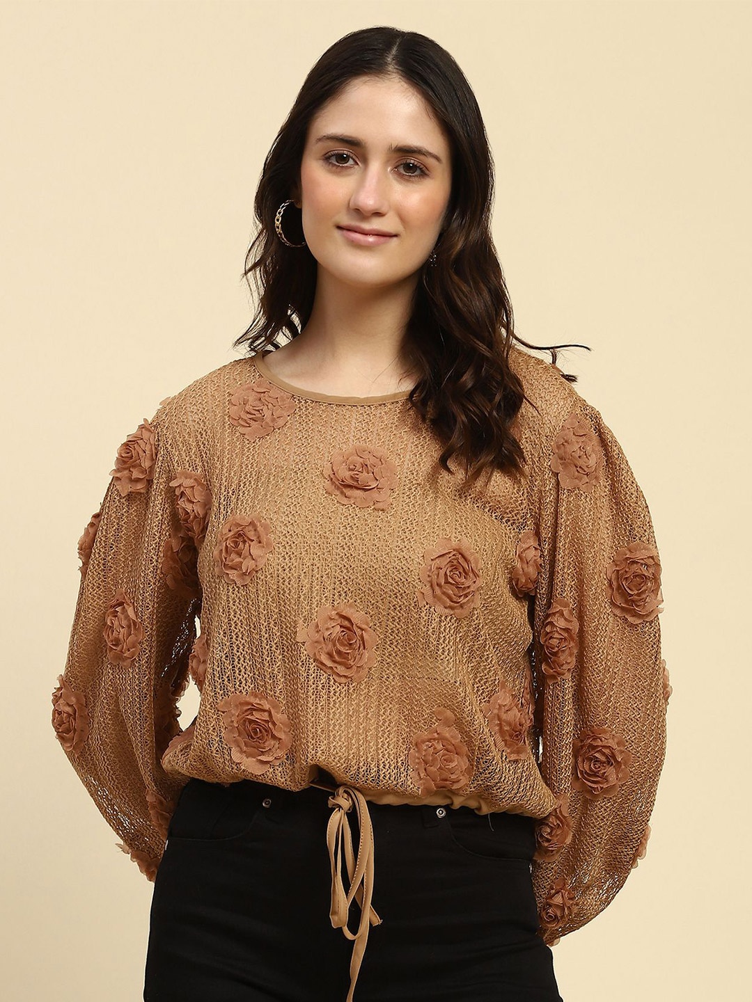 

Global Republic Women Floral Applique Blouson Top, Brown