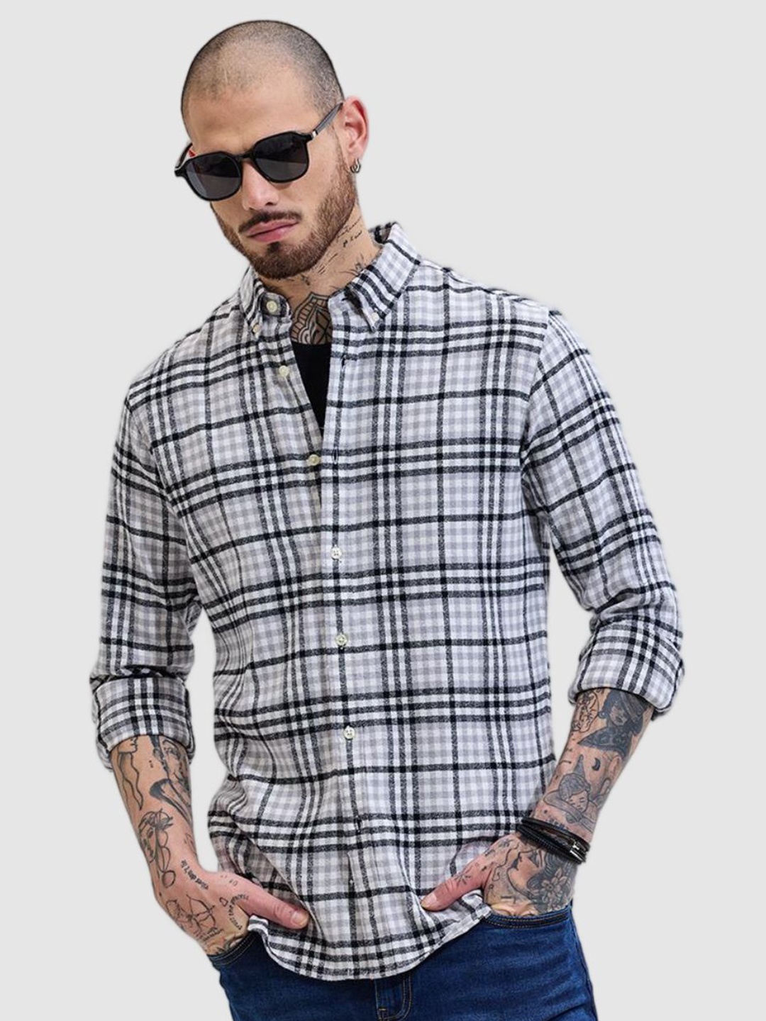 

Snitch Men Classic Fit Button-Down Collar Tartan Checked Cotton Casual Shirt, Grey