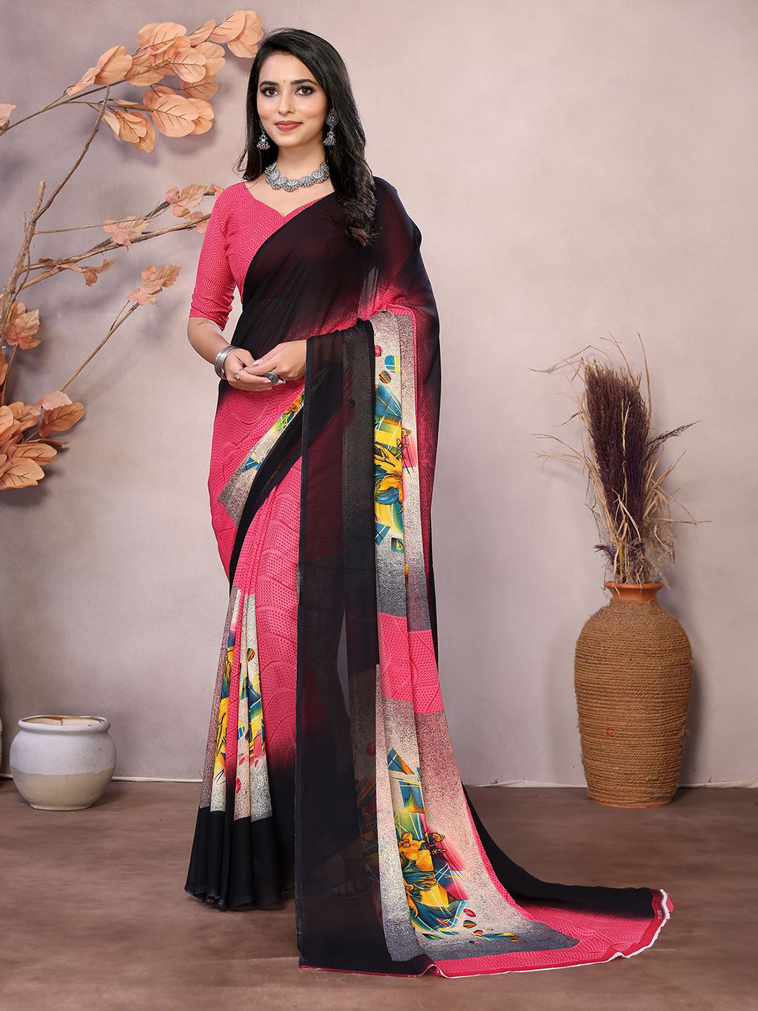 

Moda Rapido Printed Saree With Unstiched Blouse Piece, Pink