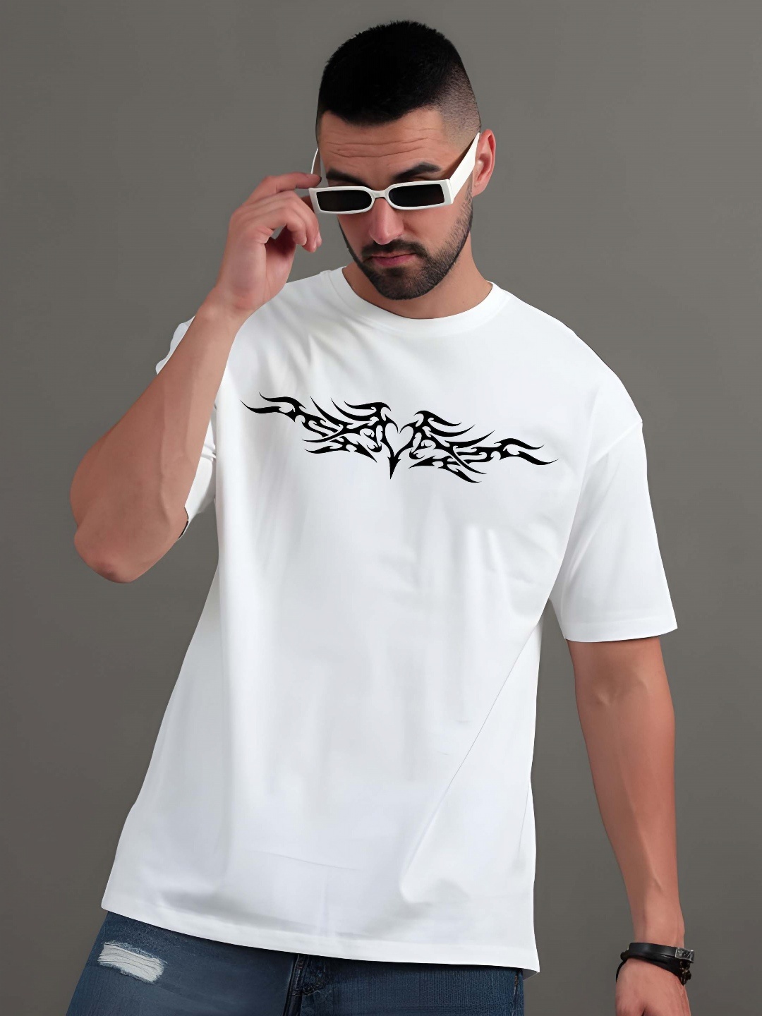 

Krimmple Men Graphic Printed Round Neck Pure Cotton Oversized T-shirt, White