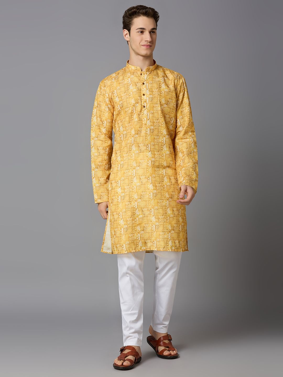 

BELLAZO Ethnic Motifs Printed Mandarin Collar Cotton Straight Kurta, Yellow